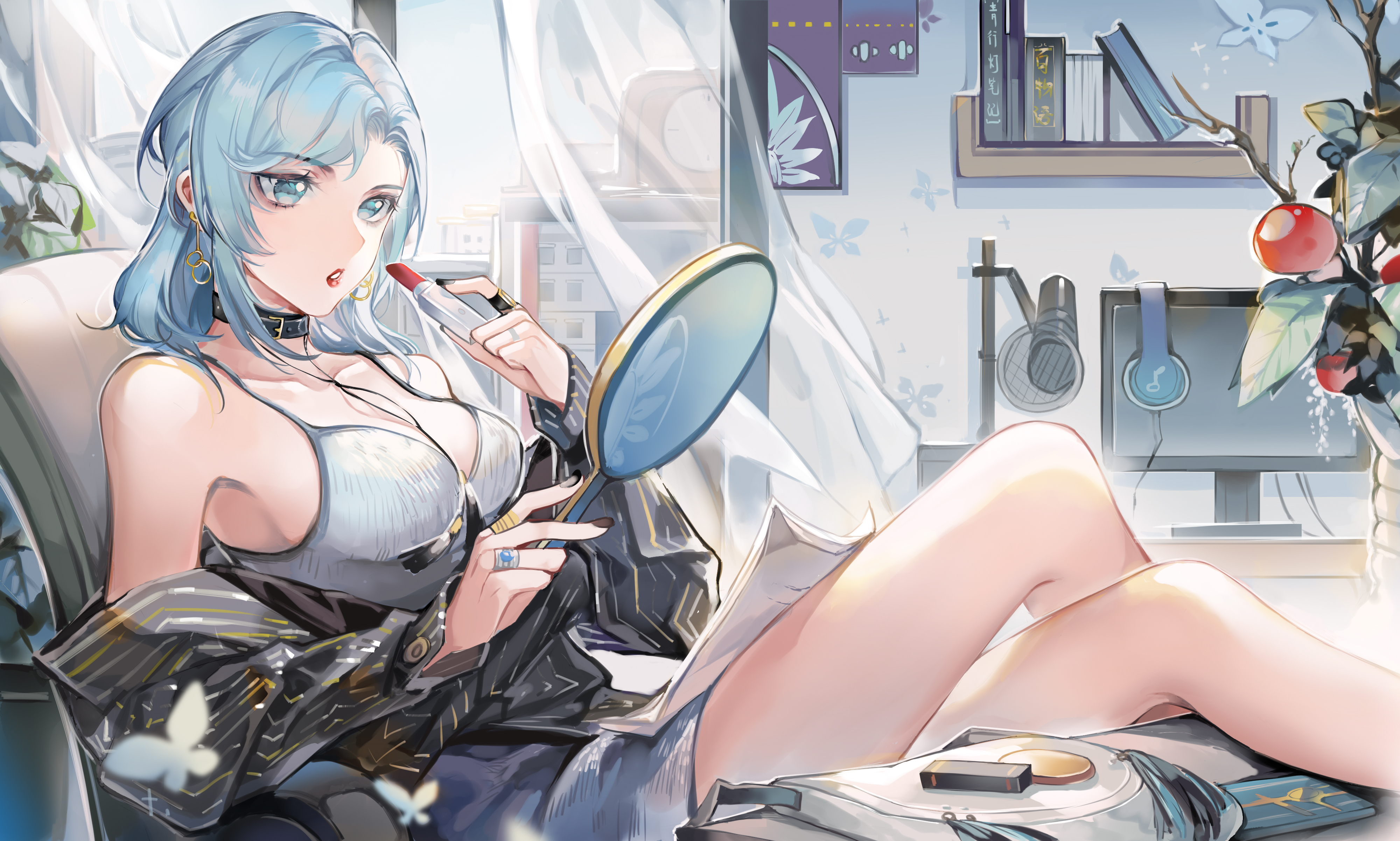 zukiyn, aoandon, onmyoji, absurdres, chinese commentary, highres, 1girl, applying makeup, armchair, bag, bare shoulders, belt collar, black collar, black jacket, black nails, blue eyes, book, bookshelf, breasts, bug, butterfly, cellphone, chair, city, cleavage, collar, computer, contemporary, cosmetics, crossed legs, curtained hair, curtains, dress, feet out of frame, food, fruit, hand mirror, headphones, holding, holding lipstick tube, holding mirror, indoors, insect, jacket, jacket partially removed, jewelry, legs on table, lipstick tube, looking at mirror, medium breasts, medium dress, medium hair, microphone, mirror, monitor, multiple rings, nail polish, necklace, off shoulder, official alternate costume, pencil dress, phone, plant, pop filter, potted plant, puckered lips, red lips, ring, see-through curtains, sidelocks, sitting, smartphone, solo, spaghetti strap, striped clothes, striped jacket, studio microphone, swept bangs, table, tassel, tassel necklace, unworn headphones, vertical-striped clothes, vertical-striped jacket, wallpaper (object), white butterfly, wind, window