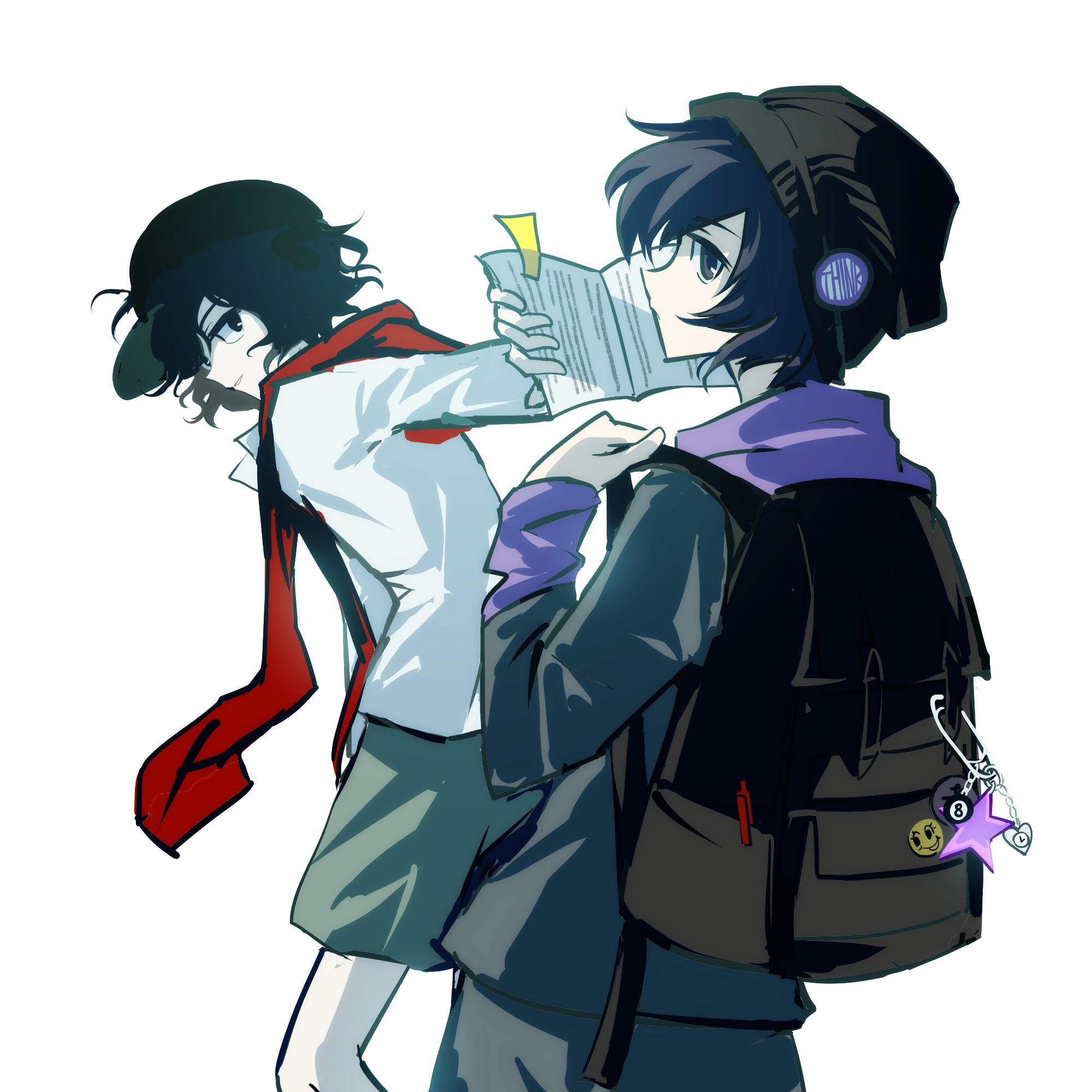 enraku tsubakura, shitodo kuroji, len'en, highres, 2others, 8-ball, alternate costume, androgynous, backpack, bag, bag charm, baseball cap, beanie, black eyes, black hair, black hat, blazer, brown bag, charm (object), cowboy shot, from behind, green shorts, grey jacket, grey pants, hat, heart-shaped charm, holding, holding paper, hood, hood down, hoodie, jacket, layered sleeves, long sleeves, looking at another, looking back, messy hair, multiple others, other focus, outstretched arm, pale skin, pamphlet, pants, paper, pen, purple hoodie, red scarf, scarf, shirt, short hair, shorts, simple background, standing, star charm, white background, white shirt, yancao (pixiv 103434280)