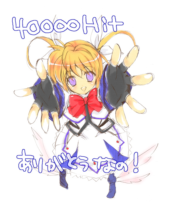 yu yu, takamachi nanoha, takamachi nanoha (sacred mode), lyrical nanoha, mahou shoujo lyrical nanoha, mahou shoujo lyrical nanoha strikers, winged footwear, 00s, 1girl, female focus, fingerless gloves, gloves, looking at viewer, magical girl, shoes, solo, twintails, wings