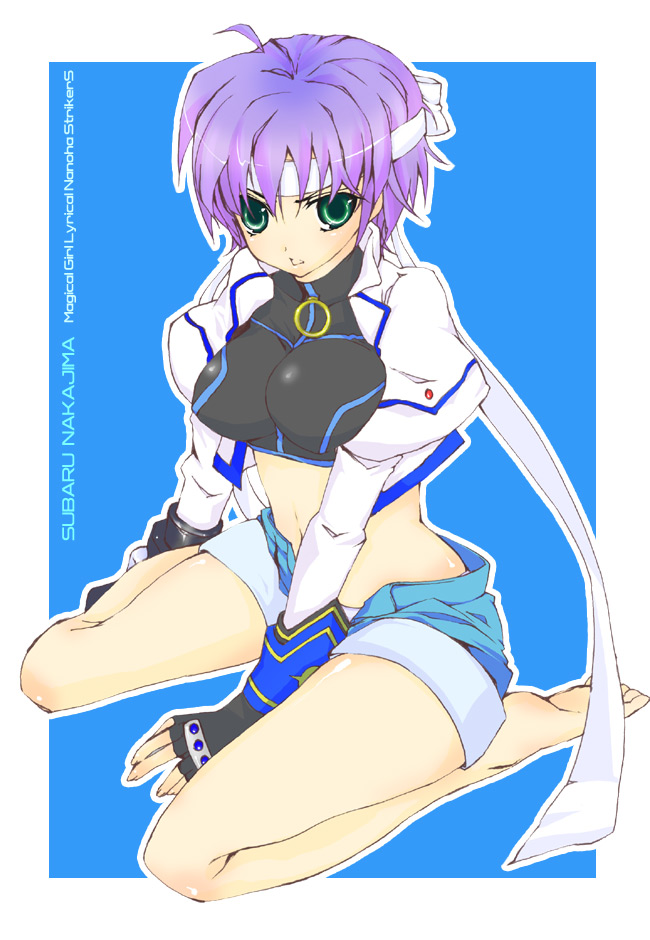 yu yu, subaru nakajima, lyrical nanoha, mahou shoujo lyrical nanoha, mahou shoujo lyrical nanoha strikers, 00s, barefoot, denim, denim shorts, green eyes, midriff, purple hair, short hair, shorts