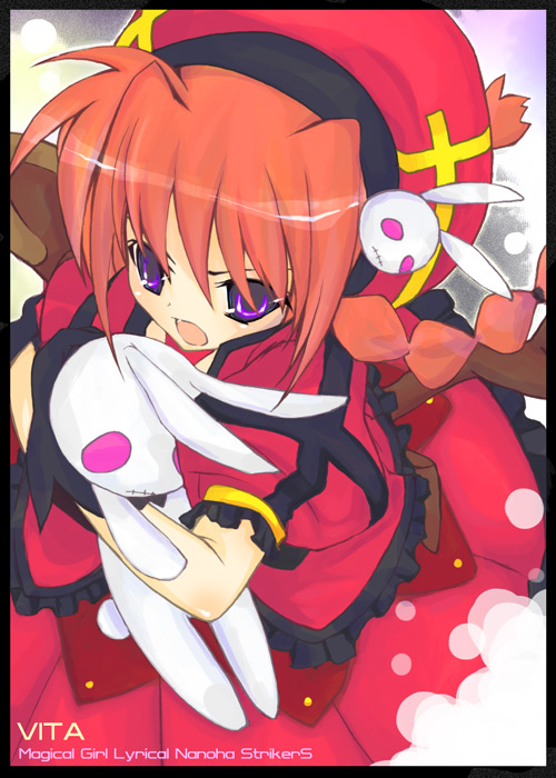 yu yu, vita (nanoha), lyrical nanoha, mahou shoujo lyrical nanoha, mahou shoujo lyrical nanoha strikers, 00s, 1girl, blue eyes, braid, character name, copyright name, female focus, gloves, hat, magical girl, red hair, solo, stuffed animal, stuffed rabbit, stuffed toy, twin braids