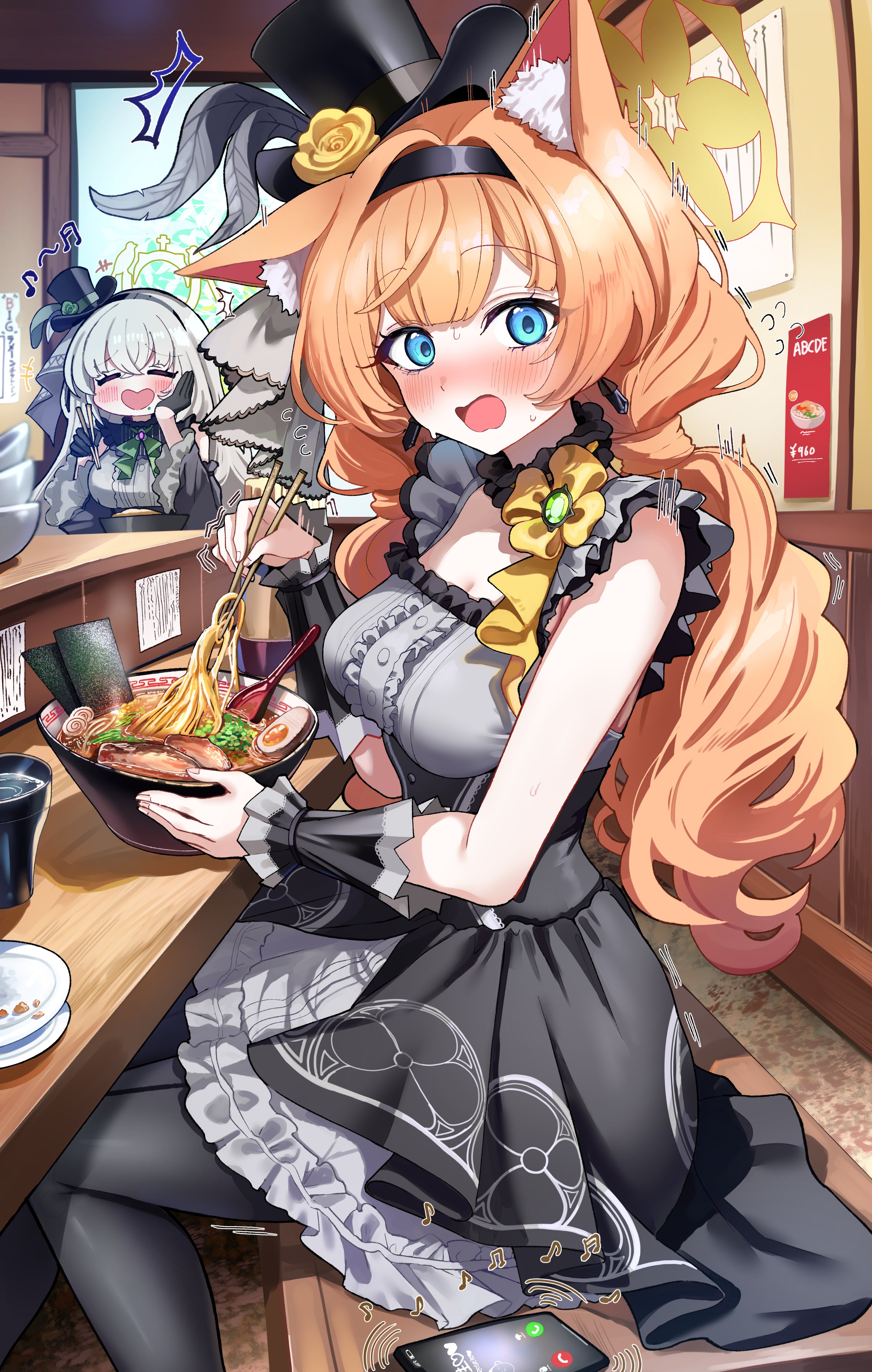 sak (lemondisk), mari (blue archive), mari (idol) (blue archive), sakurako (blue archive), sakurako (idol) (blue archive), blue archive, absurdres, commentary, highres, 2girls, animal ear fluff, animal ears, black hairband, black hat, blue eyes, blush, bowl, breasts, cellphone, center frills, chopsticks, cleavage, closed eyes, dress, earrings, flower, food, frilled sleeves, frills, gloves, grey hair, hairband, halo, hand on own cheek, hand on own face, hat, hat feather, hat flower, holding, holding chopsticks, indoors, jewelry, large breasts, long hair, looking at viewer, motion lines, multiple girls, musical note, noodles, nose blush, official alternate costume, open mouth, orange hair, phone, plate, ramen, sitting, smartphone, top hat, trembling, very long hair, wide sleeves, yellow flower