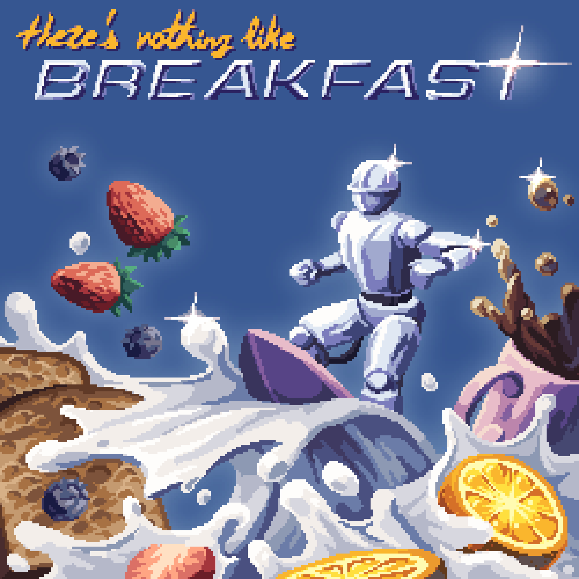 louispretends, original, highres, 1boy, blueberry, food, fruit, knight, lemon, milk, pixel art, strawberry, surfing, waffle