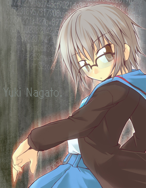 hidaka makoto, nagato yuki, suzumiya haruhi no yuuutsu, tagme, 00s, cardigan, glasses, solo