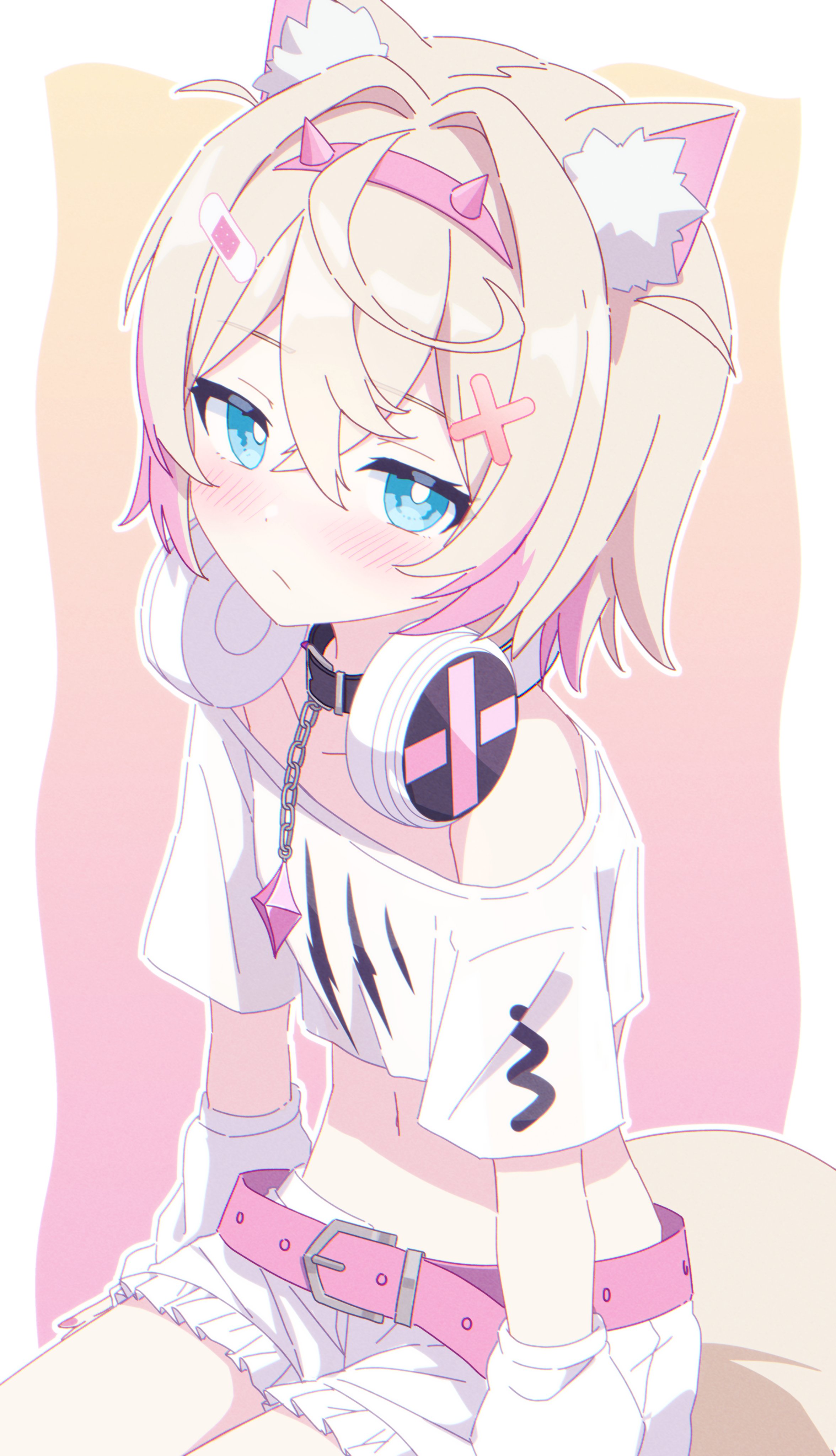 kaie, mococo abyssgard, hololive, hololive english, absurdres, commentary, highres, 1girl, animal ear fluff, animal ears, arm warmers, bandaid, bandaid hair ornament, bare shoulders, belt, black collar, blonde hair, blue eyes, blush, border, closed mouth, collar, cowboy shot, crossed bangs, dog ears, dog girl, dog tail, double-parted bangs, gradient background, hair between eyes, hair ornament, hairband, headphones, headphones around neck, looking at viewer, midriff, multicolored hair, navel, outline, outside border, pink background, pink belt, pink hair, pink hairband, shirt, short hair, short sleeves, shorts, sitting, solo, spiked hairband, spikes, tail, two-tone background, two-tone hair, virtual youtuber, white border, white outline, white shirt, white shorts, x hair ornament, yellow background