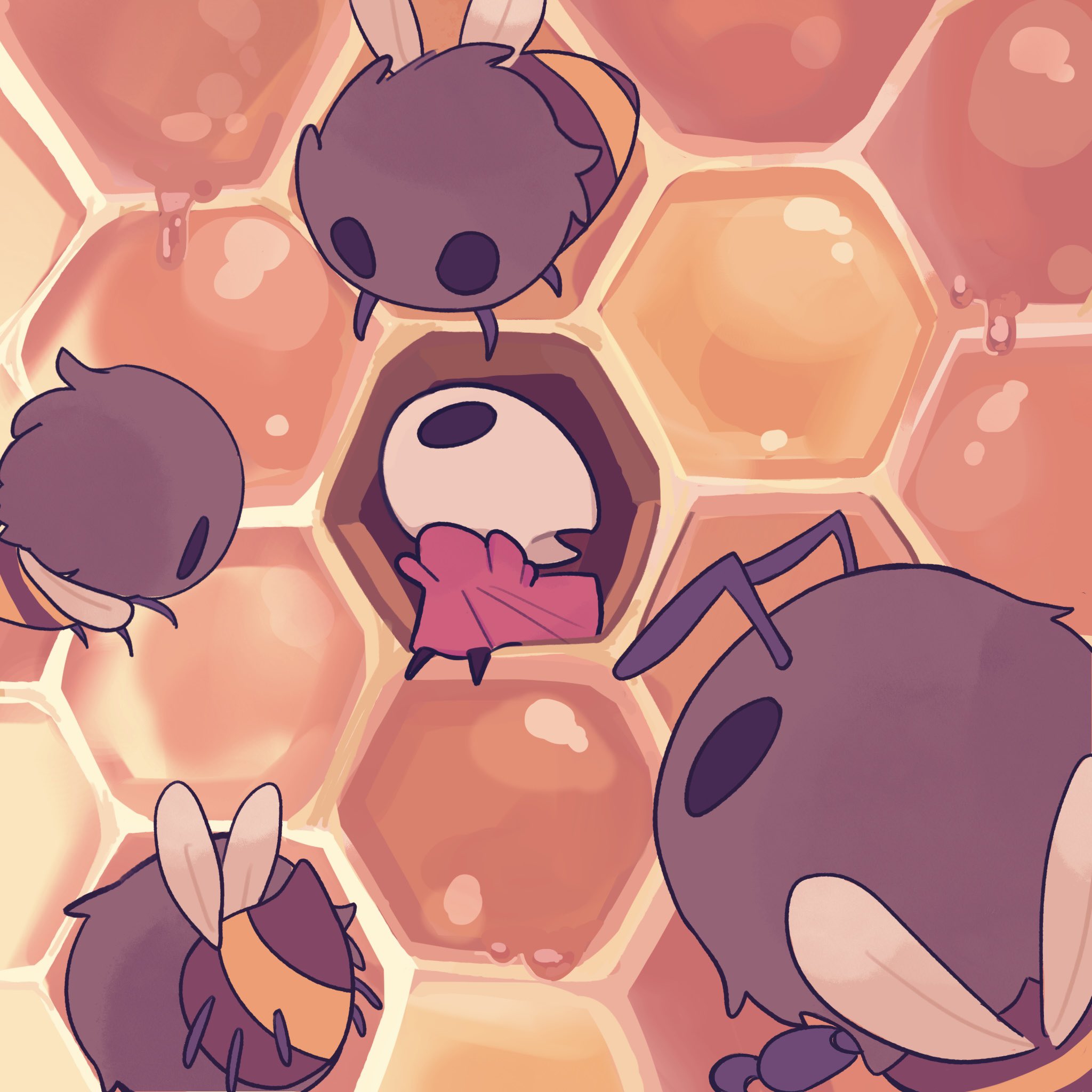 hiveling (hollow knight), hornet (hollow knight), hollow knight, commentary, english commentary, highres, 1girl, aged down, antennae, bee, bug, hive soldier (hollow knight), honey, honeycomb (object), insect, insect wings, no humans, qizhukumoko, solid oval eyes, wings