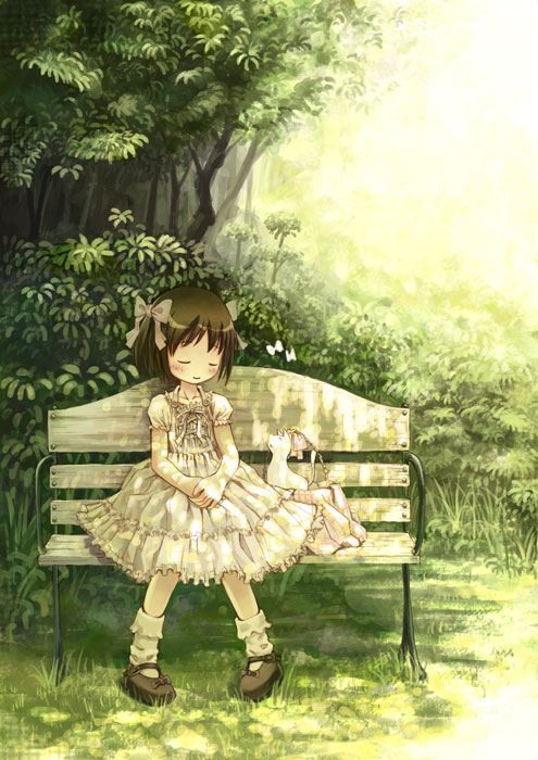 yoshinari atsushi, original, 1girl, bench, black shoes, bow, brown hair, cat, child, closed eyes, day, dress, female focus, frills, hair bow, outdoors, shoes, short hair, sitting, socks, solo
