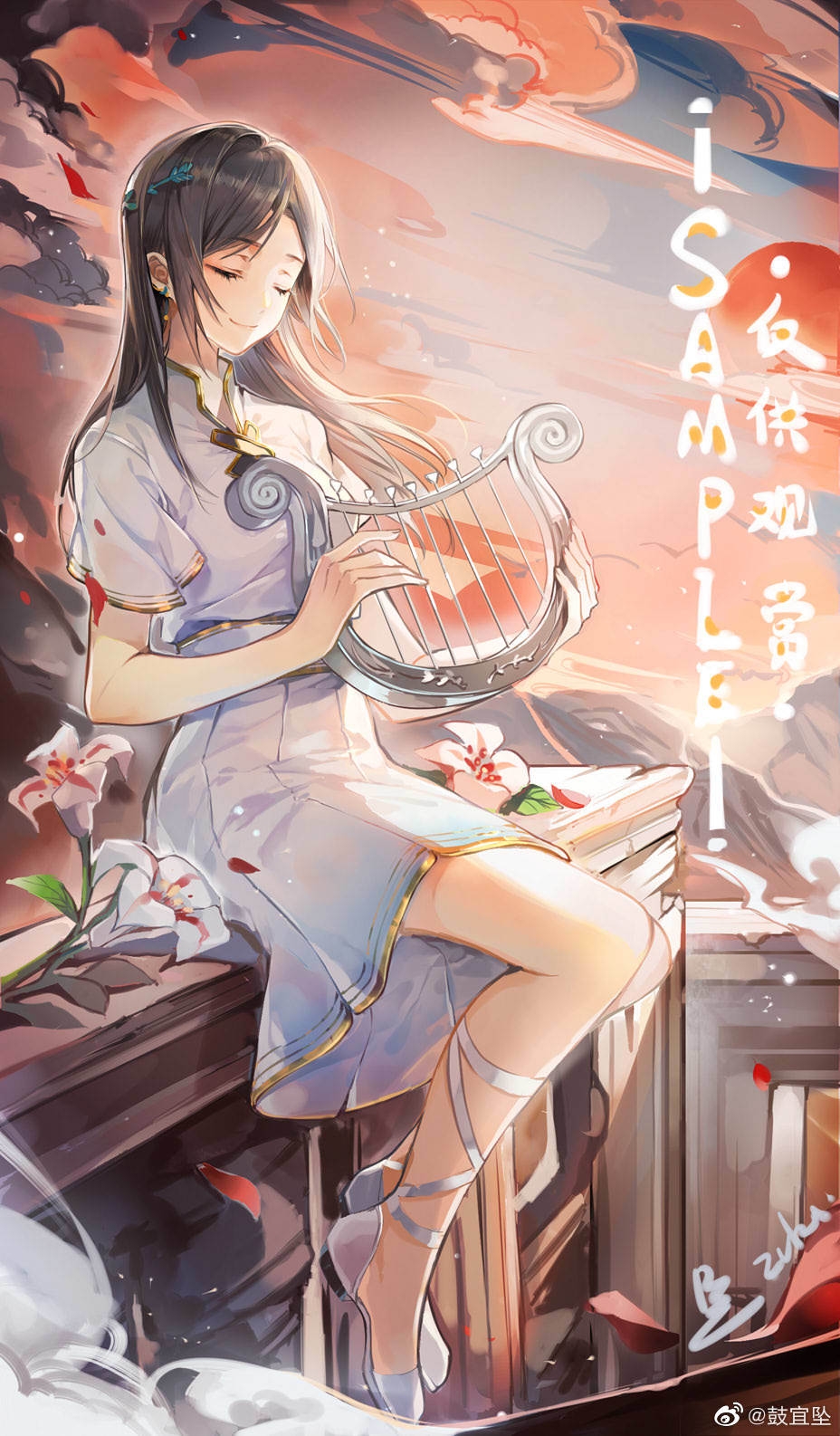 zukiyn, original, chinese commentary, highres, 1girl, black hair, chinese clothes, closed eyes, closed mouth, cloud, earrings, falling petals, flower, foot dangle, full body, gold trim, hair ornament, holding, holding instrument, instrument, jewelry, leaf hair ornament, leg ribbon, light particles, lily (flower), lyre, medium skirt, mountain, music, on rooftop, parted bangs, petals, playing instrument, pleated skirt, red flower, ribbon, sample watermark, shirt, shoes, short sleeves, skirt, smile, sun, watermark, white flower, white ribbon, white shirt, white shoes, white skirt