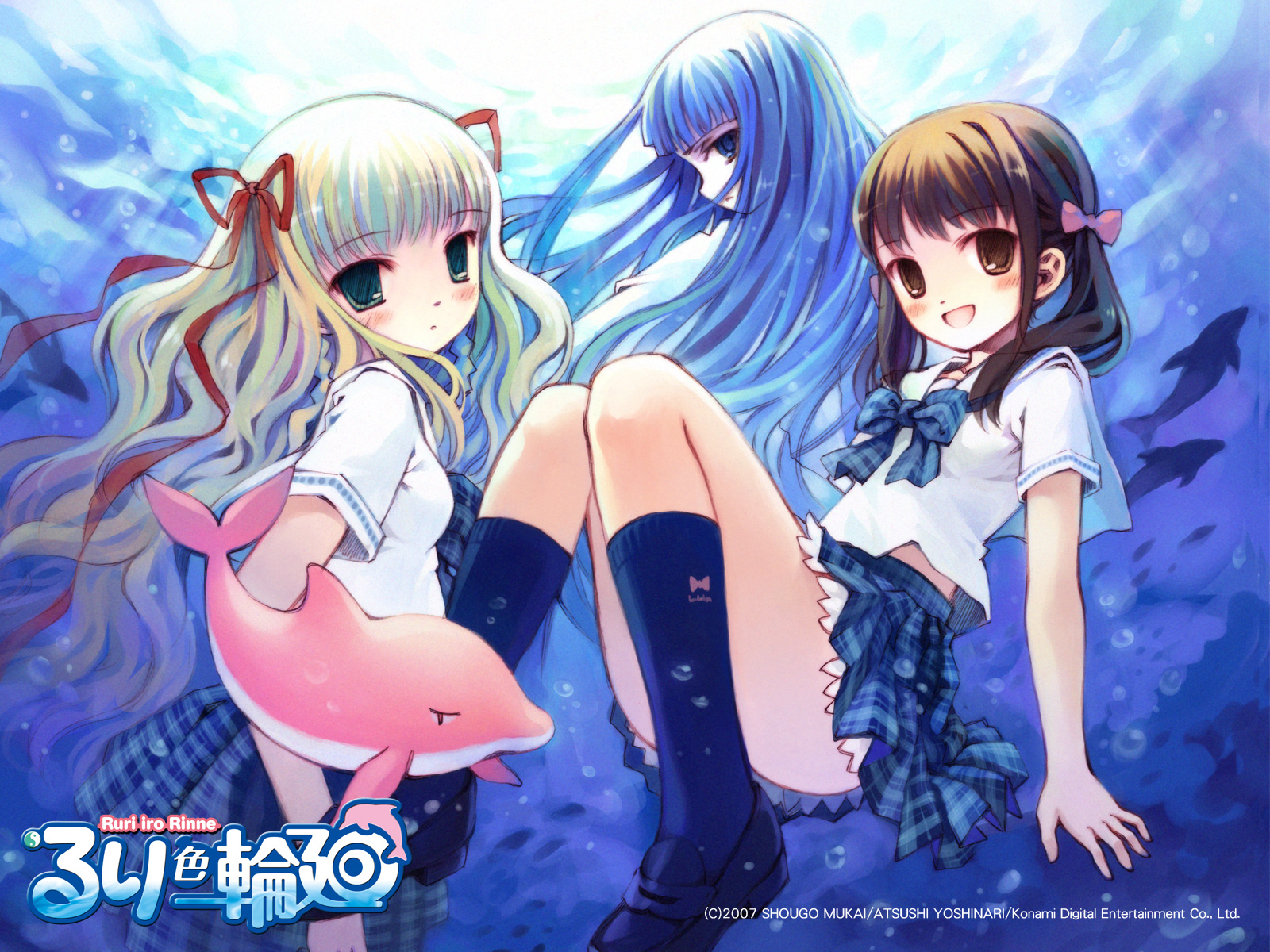 yoshinari atsushi, kayano ushio, mizusawa ruri, ruri-iro rinne, highres, 3girls, bow, hair ribbon, kneehighs, long hair, looking back, multiple girls, ribbon, skirt, smile, socks, twintails, water