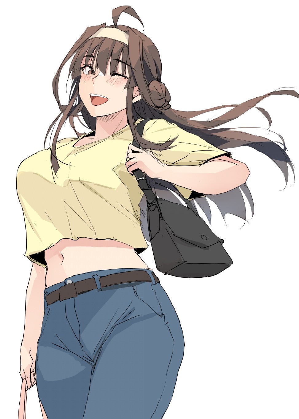 zekkyon, kongou (kancolle), kantai collection, commentary request, highres, 1girl, alternate costume, bag, blush, breasts, brown eyes, brown hair, crop top, denim, hair bun, hairband, jeans, kongou (kure) (kancolle), large breasts, long hair, looking at viewer, midriff, navel, one eye closed, open mouth, pants, shirt, simple background, solo, white background, yellow shirt