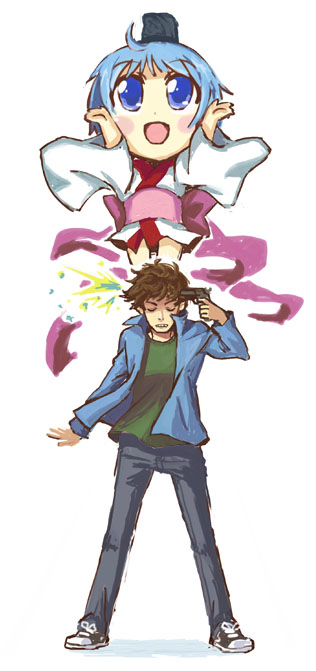 binchou-tan (character), atlus, binchou-tan, binchou-tan (series), persona, persona 3, 1boy, 1girl, evoker, gun, gun to head, holding, holding gun, holding weapon, parody, suicide, weapon