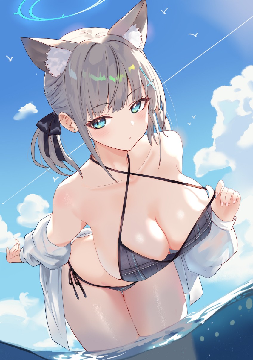 rorokaede, shiroko (blue archive), blue archive, alternate breast size, commentary, highres, 1girl, alternate costume, alternate hairstyle, animal ear fluff, animal ears, bare shoulders, bikini, bikini top pull, bird, blue eyes, blue halo, blue sky, blush, breasts, cleavage, cloud, cloudy sky, collarbone, cross, cross hair ornament, day, earrings, extra ears, grey hair, hair ornament, halo, halterneck, inverted cross, jacket, jewelry, large breasts, leaning forward, looking at viewer, mismatched pupils, off shoulder, open clothes, open jacket, outdoors, plaid bikini, plaid clothes, ponytail, seagull, short hair, short ponytail, sky, solo, stud earrings, swimsuit, wading, white jacket, wolf ears, wolf girl