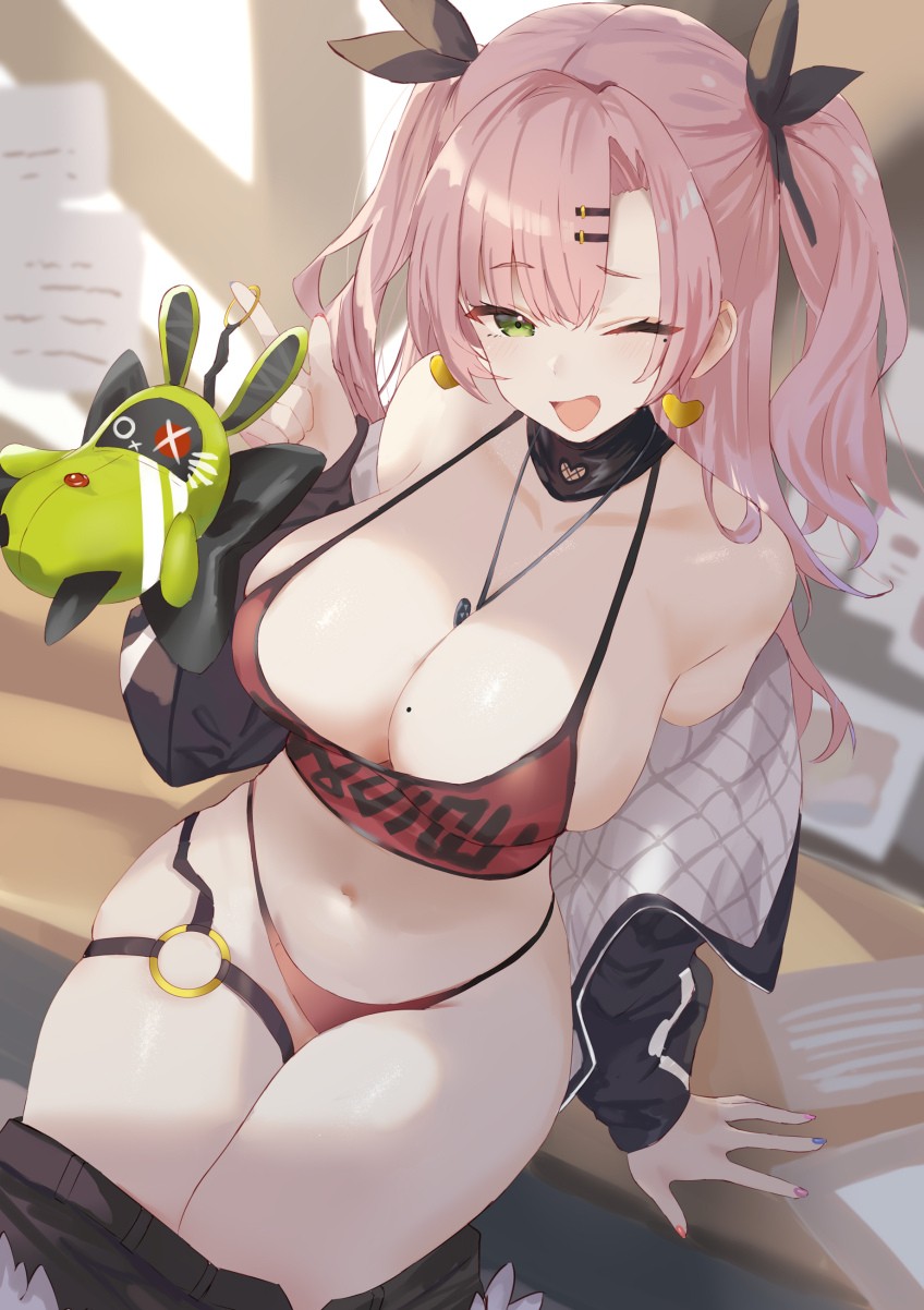 rorokaede, amillion (zenless zone zero), nicole demara, zenless zone zero, absurdres, highres, 1girl, bare shoulders, between breasts, breasts, cleavage, collarbone, covered erect nipples, crop top, detached collar, earrings, from above, green eyes, halterneck, heart, heart earrings, highleg, highleg panties, jacket, jewelry, large breasts, long hair, looking at viewer, mole, mole on breast, navel, necklace, o-ring, o-ring thigh strap, one eye closed, open clothes, open jacket, open mouth, panties, pink hair, red panties, sitting, skindentation, smile, thigh strap, two side up, underwear