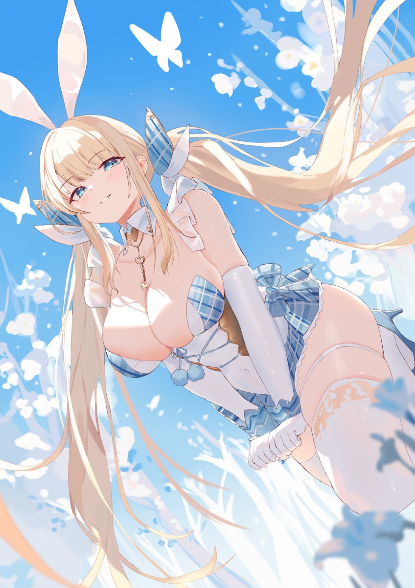 rorokaede, original, blue footwear, absurdres, commentary request, highres, 1girl, absurdly long hair, animal ears, blonde hair, blue eyes, blue flower, blue sky, blurry, blurry foreground, breasts, bug, butterfly, cleavage, cloud, covered navel, day, detached collar, dutch angle, elbow gloves, fake animal ears, floating hair, flower, foot out of frame, frilled skirt, frills, gloves, hair ribbon, heart, high heels, insect, jewelry, key, key necklace, large breasts, leg up, leotard, light blush, long hair, looking at viewer, low twintails, microskirt, necklace, outdoors, parted lips, plaid clothes, plaid ribbon, plaid skirt, pom pom (clothes), pumps, rabbit ears, ribbon, skindentation, skirt, sky, smile, solo, standing, standing on one leg, teeth, thighhighs, twintails, very long hair, white gloves, white leotard, white thighhighs