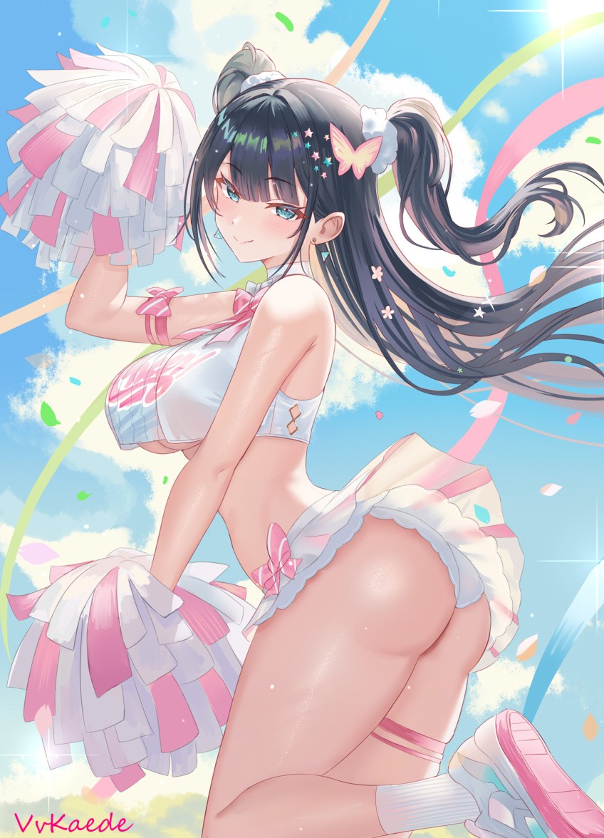 rorokaede, original, highres, 1girl, arched back, ass, bare shoulders, black hair, blue eyes, blue sky, blush, breasts, cheerleader, crop top, crop top overhang, curvy, deep skin, facing viewer, hair ornament, hair scrunchie, large breasts, long hair, looking at viewer, looking to the side, midriff, miniskirt, narrow waist, outdoors, panties, petals, pleated skirt, pom pom (cheerleading), revealing clothes, ribbon, scrunchie, shiny skin, shoes, skindentation, skirt, sky, sleeveless, smile, sneakers, solo, thick thighs, thigh strap, thighs, twintails, two side up, underboob, underwear, very long hair, white panties, white skirt