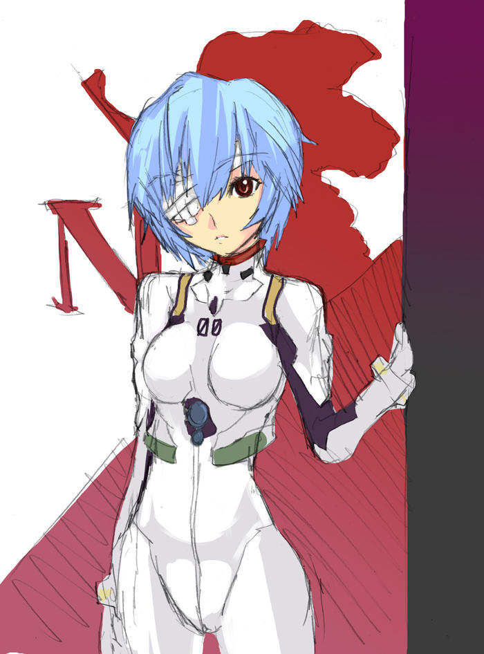 nagy, ayanami rei, neon genesis evangelion, 1girl, arm support, bandage over one eye, bandages, blue hair, bodysuit, bracer, breasts, cowboy shot, eyepatch, female focus, gloves, hair between eyes, looking at viewer, mecha pilot suit, nerv, parted lips, plugsuit (evangelion), red eyes, short hair, sketch, skinny, small breasts, solo, turtleneck
