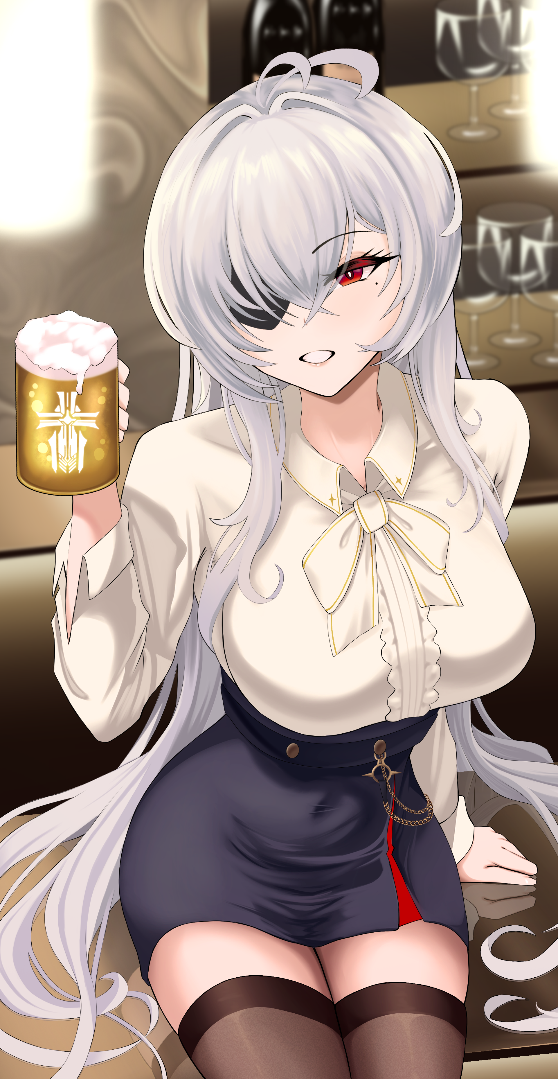 kasai, fritz rumey (azur lane), azur lane, alcohol, alternate costume, antenna hair, bangs over one eye, beer, beer mug, bottle, breasts, collared shirt, cup, drinking glass, eyelashes, eyeliner, eyepatch, hair over eyes, ironblood symbol, large breasts, long hair, makeup, mole, mole under eye, mug, red eyes, shirt, sidelocks, sitting, skirt, smile, teeth, thighhighs, very long hair, white hair, zettai ryouiki