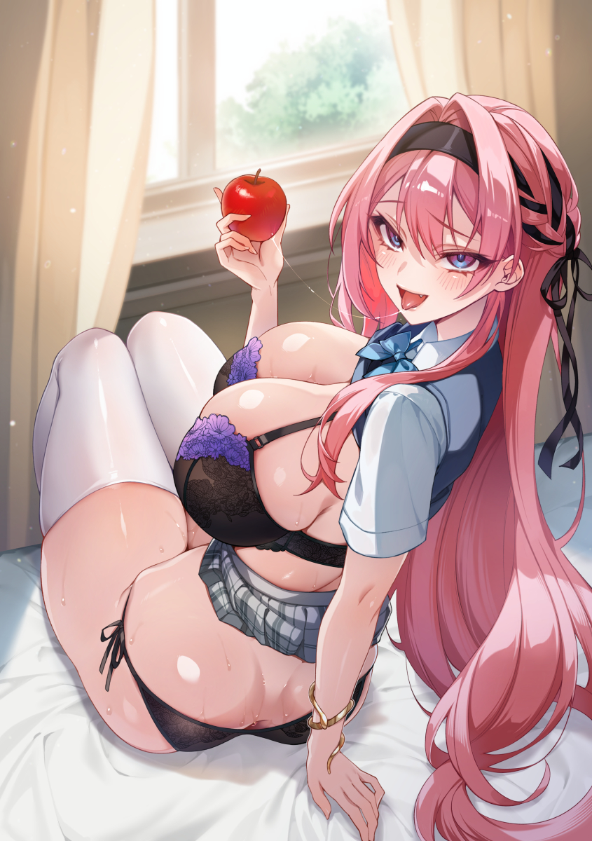 shindou (fuguri), original, commentary request, highres, 1girl, apple, ass, black hairband, black panties, black ribbon, blue eyes, blush, breasts, day, food, from behind, fruit, grey skirt, hair ornament, hair ribbon, hairband, holding, holding food, holding fruit, indoors, large breasts, long hair, looking at viewer, looking back, open mouth, panties, pink hair, plaid clothes, plaid skirt, ribbon, saliva, saliva trail, side-tie panties, sitting, skirt, smile, solo, thighhighs, thighs, tongue, underwear, white thighhighs