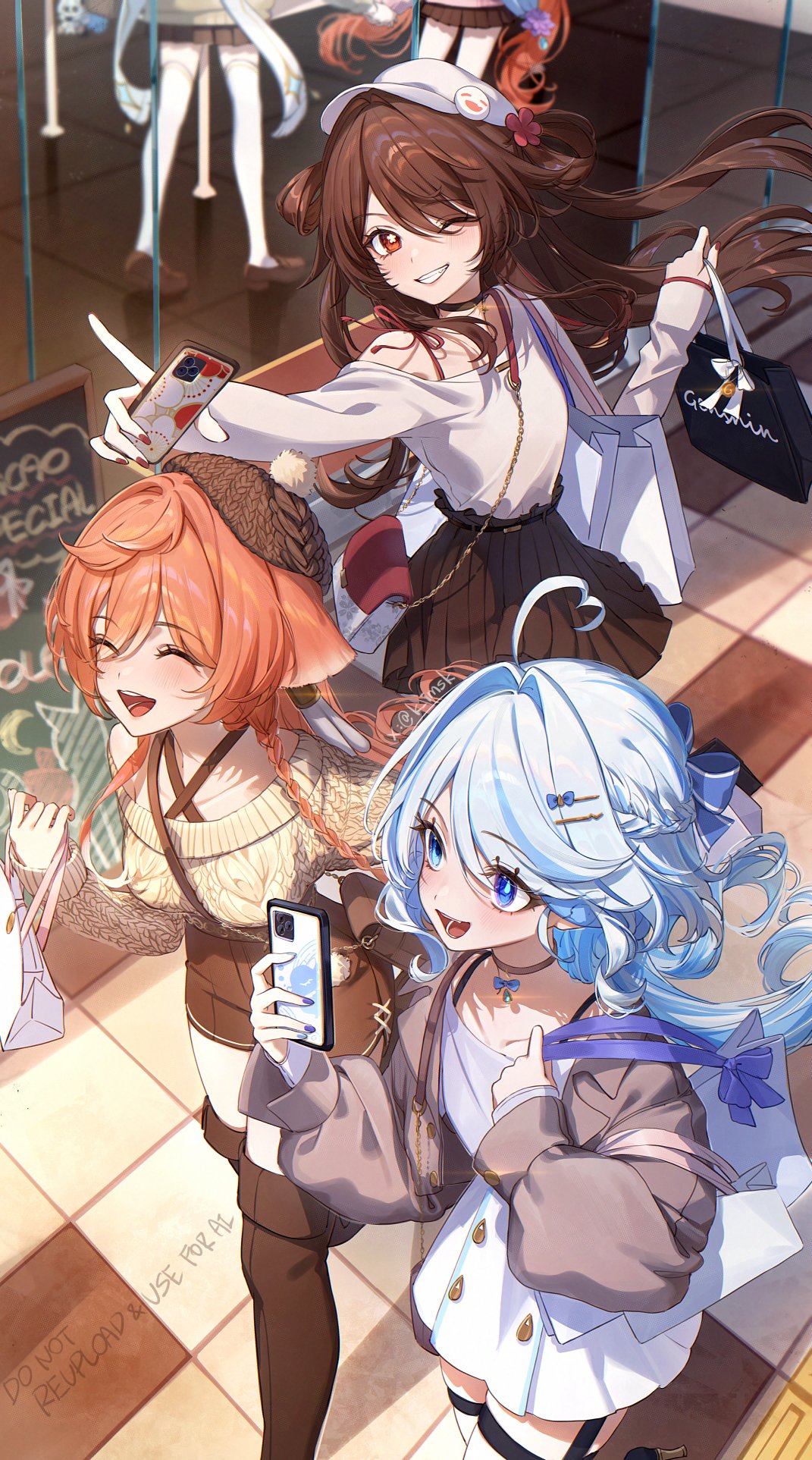 imasaki kei, furina (genshin impact), hu tao (genshin impact), yanfei (genshin impact), genshin impact, highres, 3girls, ahoge, alternate costume, animal ears, bag, black skirt, blue bow, blue eyes, blue hair, bow, braid, brown hair, cellphone, closed eyes, drop-shaped pupils, hair ornament, hairclip, hat, heterochromia, holding, holding phone, jacket, long hair, long sleeves, multiple girls, open mouth, phone, pink hair, shirt, shopping, shopping bag, shorts, skirt, smartphone, smile, symbol-shaped pupils