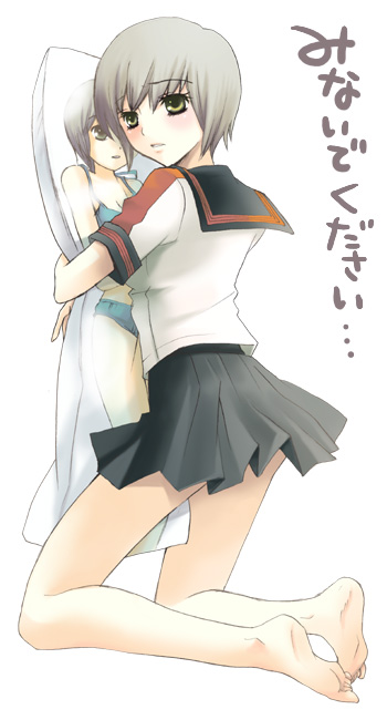 oujima tamaki, original, barefoot, dakimakura (object), feet, pillow, school uniform, serafuku, soles, solo, toes