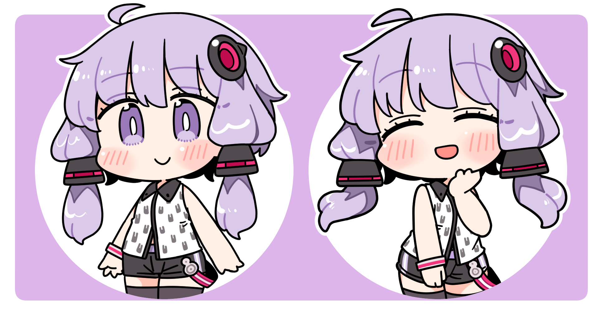 ini (inunabe00), yuzuki yukari, yuzuki yukari (a.i. voice), a.i. voice, vocaloid, voiceroid, commentary request, highres, 1girl, :d, ^ ^, ahoge, animal print, bare shoulders, black shorts, black thighhighs, blush, border, bright pupils, closed eyes, closed mouth, collared shirt, contrast collar, cowboy shot, facing viewer, hair ornament, looking at viewer, multiple views, open mouth, outline, print shirt, purple background, purple eyes, purple hair, rabbit print, shirt, short hair with long locks, shorts, sleeveless, sleeveless shirt, smile, thighhighs, white border, white outline, white pupils, white shirt