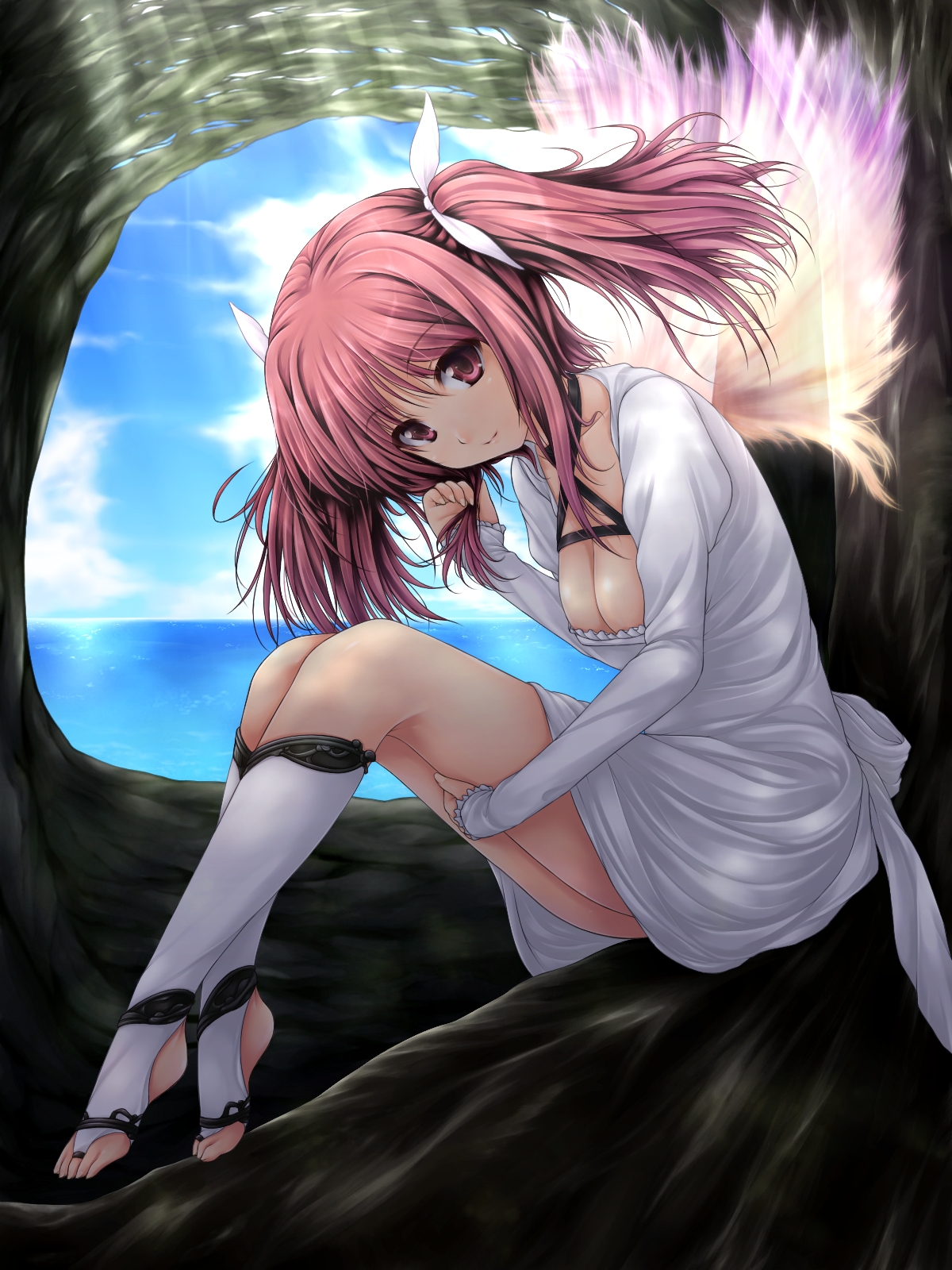 uni8, original, highres, 1girl, angel wings, barefoot, breasts, cleavage, cloud, day, dress, feet, female focus, hair ribbon, kneehighs, medium breasts, ocean, outdoors, pink hair, purple eyes, ribbon, sitting, sky, smile, socks, solo, thighs, toeless legwear, toes, twintails, water, wings