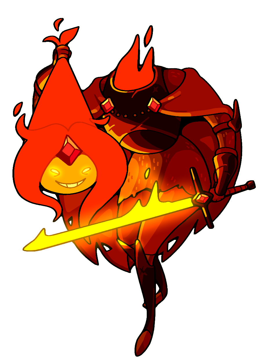 discount-supervillain, flame princess, adventure time, commentary, english commentary, highres, 1girl, armor, colored skin, elemental (creature), fiery hair, fire, fire elemental, forehead jewel, holding detached head, orange skin, severed head, smile, solo, toon (style)