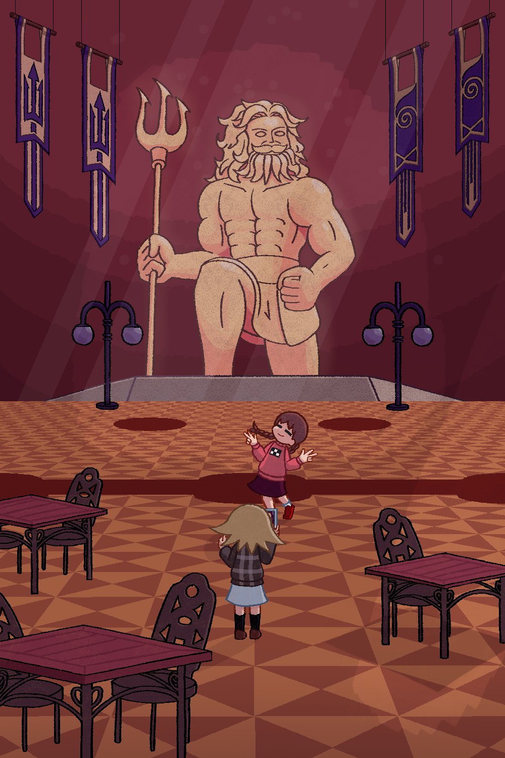 madotsuki, poseidon (mythology), urotsuki, greek mythology, yume 2kki, yume nikki, commentary, english commentary, highres, 2girls, abstract background, arms up, black socks, black sweater, blonde hair, blue skirt, braid, brown hair, brown shoes, chair, closed eyes, closed mouth, deformed, desk, double v, frostbitemint, hair flaps, holding, holding phone, holding polearm, holding weapon, lamppost, long sleeves, low twin braids, medium hair, multiple girls, phone, pink sweater, plaid clothes, plaid sweater, polearm, purple skirt, red shoes, shoes, skirt, socks, standing, standing on one leg, statue, sweater, taking picture, trident, twin braids, v, weapon, white socks