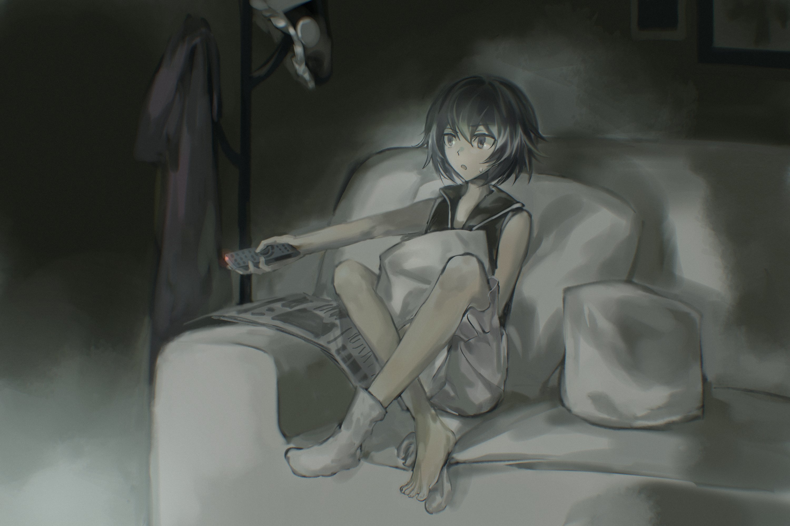 shitodo kuroji, len'en, chinese commentary, commentary, english commentary, highres, mixed-language commentary, multilingual commentary, 1other, :o, androgynous, bare arms, bare shoulders, black eyes, black hair, black hat, black shirt, collared shirt, controller, couch, crossed ankles, dark, expressionless, frilled headwear, frilled shorts, frills, full body, hair between eyes, hat, holding, holding pillow, holding remote control, indoors, jacket, jitome, knees up, living room, mob cap, on couch, other focus, outstretched arm, parted lips, partially undressed, pillow, remote control, shirt, short hair, shorts, sitting, sleeveless, sleeveless shirt, socks, solo, unworn hat, unworn headwear, unworn jacket, vent (object), watching television, white shorts, white socks, yancao (pixiv 103434280)