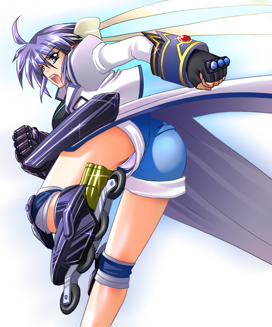 ichimedoo, revolver knuckle, subaru nakajima, lyrical nanoha, mahou shoujo lyrical nanoha, mahou shoujo lyrical nanoha strikers, 00s, ahoge, black shirt, blouse, blue eyes, blue hair, denim, denim shorts, fingerless gloves, from behind, gloves, inline skates, knee pads, looking back, open mouth, panties, pantyshot, purple panties, roller skates, shirt, short hair, shorts, skates, solo, underwear, upshorts