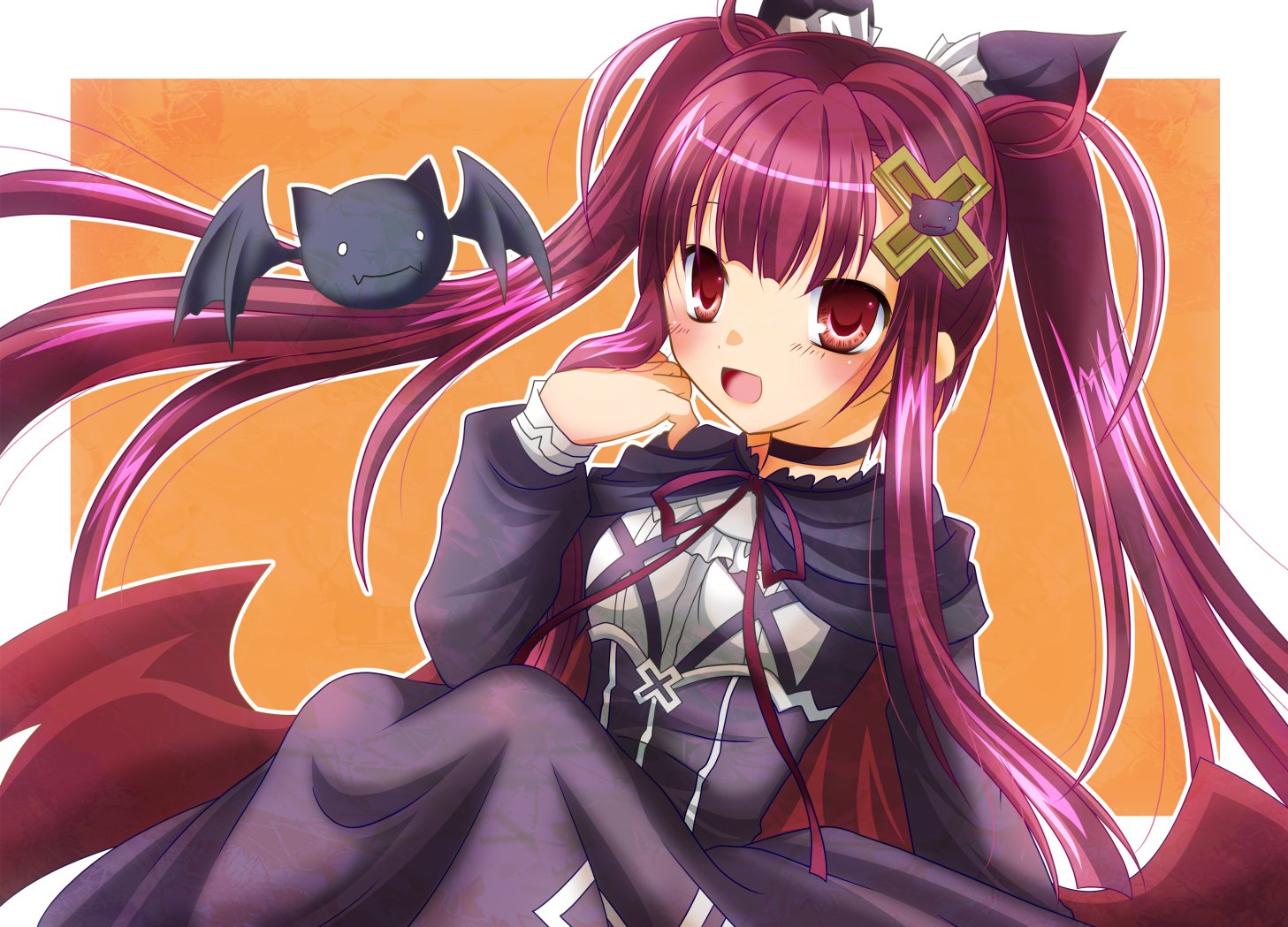 yukiomi kizuki, alucard lore, emil chronicle online, 1girl, bat (animal), black bow, black cloak, black dress, bow, breasts, cloak, corset, cross hair ornament, dress, familiar, frilled bow, frills, hair bow, hair ornament, long hair, open mouth, orange background, purple corset, purple eyes, purple hair, red cloak, red wings, small breasts, solo, twintails, two-sided cloak, two-sided fabric, vampire, white background, wings