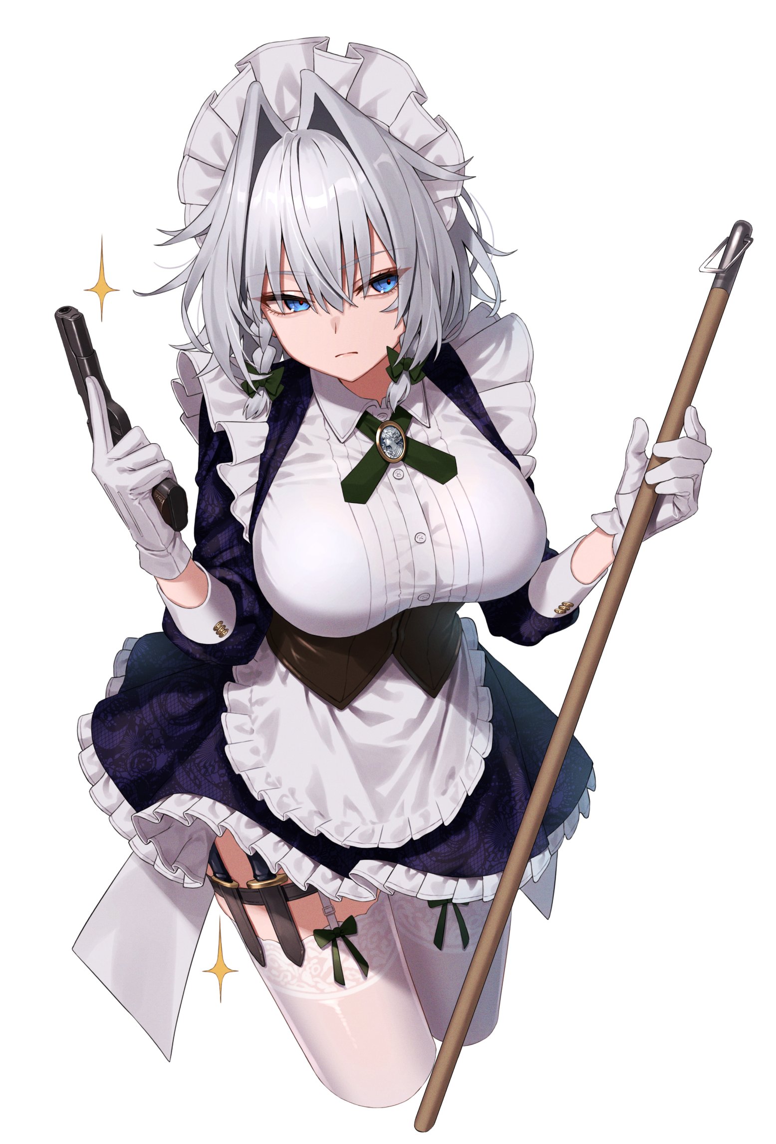 greenkohgen, izayoi sakuya, touhou, commentary request, highres, weapon request, 1girl, apron, black corset, blue dress, blue eyes, bow, braid, breasts, closed mouth, collared dress, corset, cropped legs, dress, framed breasts, garter straps, gloves, green bow, grey hair, gun, hair between eyes, hair bow, hair intakes, handgun, holding, holding gun, holding weapon, knife sheath, large breasts, long sleeves, looking at viewer, m1911, maid headdress, medium hair, sheath, side braids, simple background, solo, thighhighs, waist apron, weapon, white apron, white background, white gloves, white thighhighs