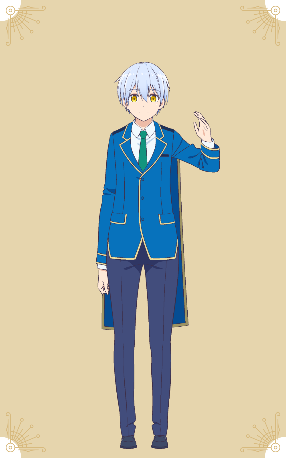 shiwasu takashi, alto goldfield, kinsou no vermeil, highres, official art, 1boy, anime coloring, blue hair, blue jacket, bob cut, brown background, clenched hand, closed mouth, collared shirt, dress shoes, full body, green necktie, grey pants, grey shoes, hair between eyes, hand up, jacket, long sleeves, looking at viewer, necktie, open hand, pants, school uniform, shirt, shoes, short hair, simple background, smile, solo, standing, tachi-e, white shirt, yellow eyes