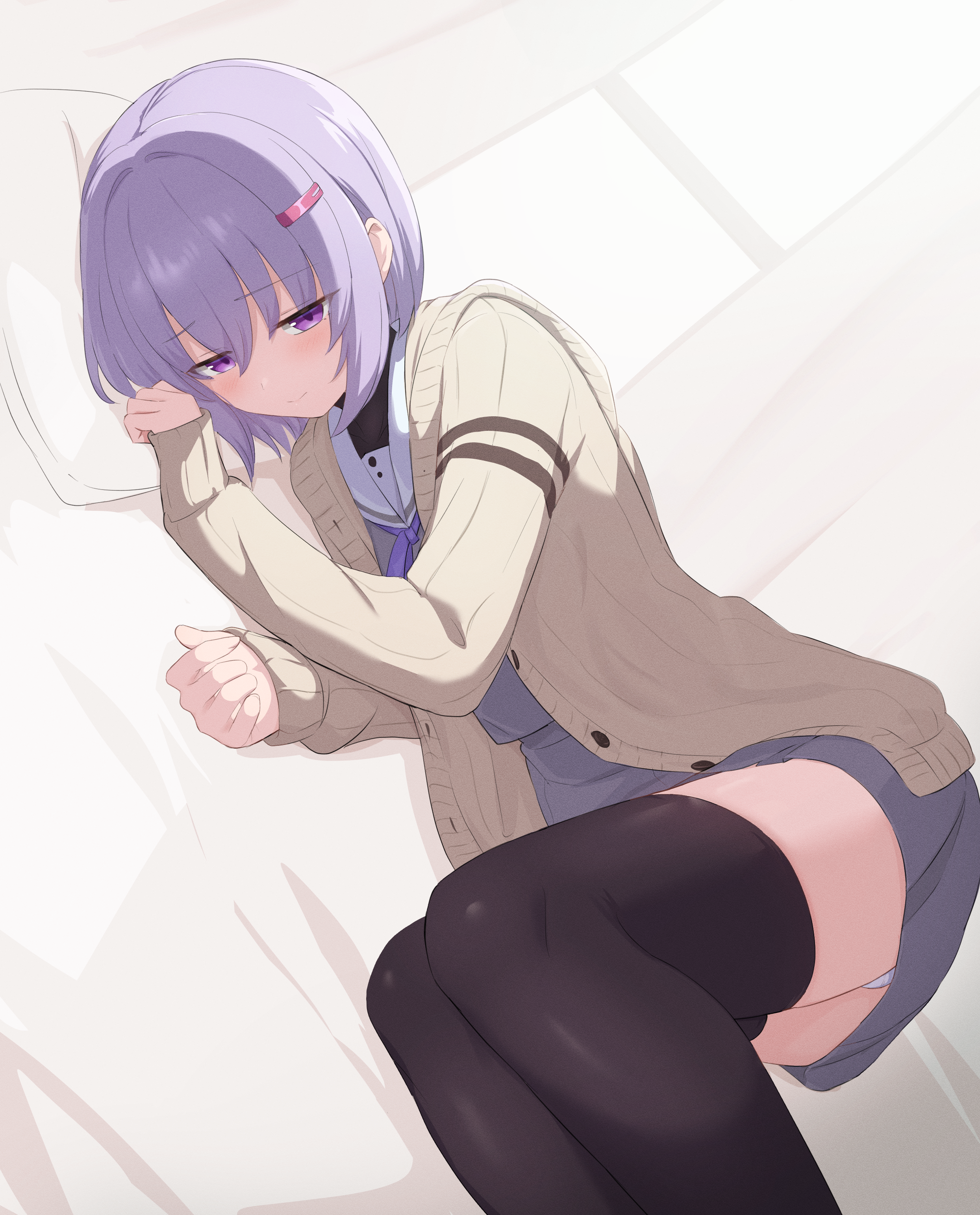ruttse, yuzuki yukari, yuzuki yukari (shizuku), voiceroid, absurdres, highres, 1girl, black thighhighs, cardigan, hair ornament, hairclip, lying, on side, panties, panty peek, purple eyes, purple hair, school uniform, short hair, solo, thighhighs, underwear, white panties, zettai ryouiki