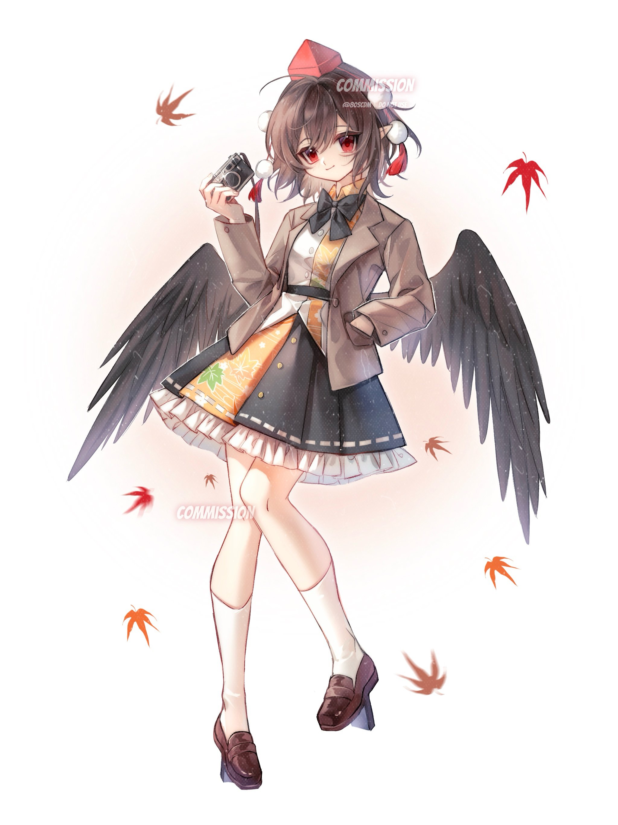 80isiiii, shameimaru aya, touhou, absurdres, commentary, commission, highres, symbol-only commentary, 1girl, autumn leaves, black bow, black bowtie, black hair, black skirt, black wings, blazer, bow, bowtie, brown jacket, brown shoes, camera, closed mouth, collared shirt, frilled skirt, frills, full body, geta, hand in pocket, hand up, hat, holding, holding camera, jacket, kneehighs, leaf, long sleeves, looking at viewer, maple leaf, pom pom (clothes), red eyes, red hat, ribbon-trimmed skirt, ribbon trim, shirt, shoes, short hair, simple background, skirt, smile, socks, solo, tengu-geta, tokin hat, two-tone shirt, watermark, white background, white shirt, white socks, wings, yellow shirt