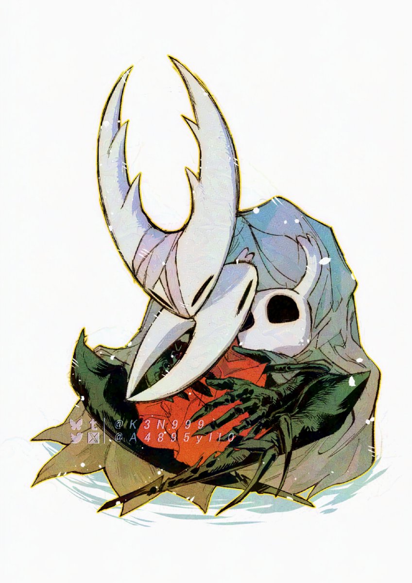 a4895star, hollow knight (character), hornet (hollow knight), knight (hollow knight), hollow knight, hollow knight: silksong, highres, 1girl, 2others, bandaged head, bandages, black eyes, black skin, blank eyes, cloak, colored skin, grey cloak, half-siblings, horned mask, horns, hug, mask, multiple others, red cloak, white mask