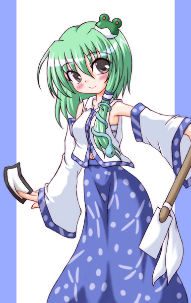 inasaki shirau, kochiya sanae, touhou, 1girl, asymmetrical hair, bare shoulders, blue skirt, detached sleeves, female focus, frog hair ornament, gohei, green eyes, green hair, hair ornament, holding, long sleeves, looking at viewer, matching hair/eyes, oonusa, pillarboxed, skirt, snake hair ornament, solo, standing, vest
