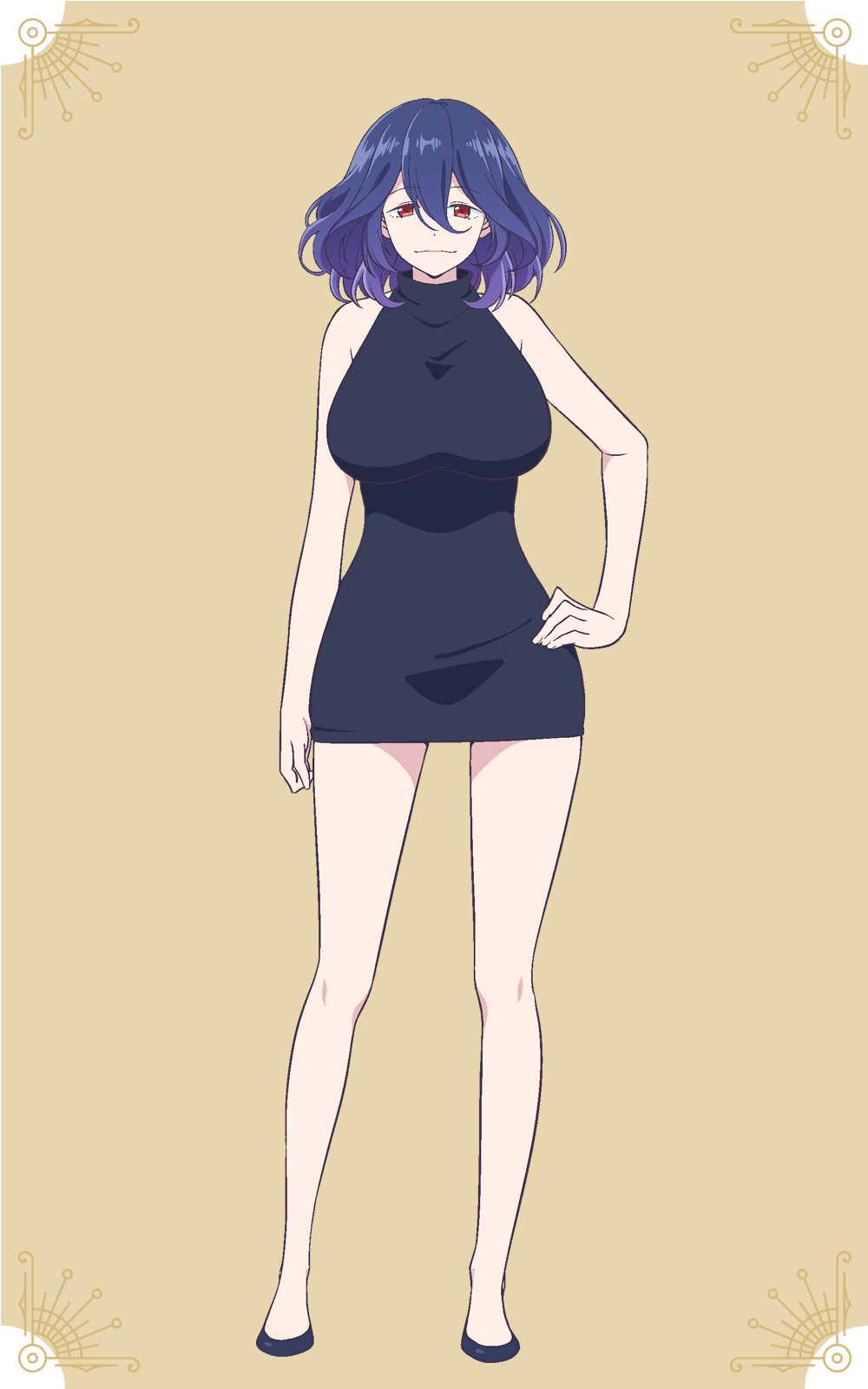 shiwasu takashi, vermeil (kinsou no vermeil), kinsou no vermeil, highres, official art, 1girl, anime coloring, bare shoulders, black shoes, blue hair, breasts, brown background, dress, flats, full body, hair between eyes, hand on own hip, large breasts, looking at viewer, medium hair, red eyes, shoes, short dress, simple background, sleeveless, smile, solo, standing, tachi-e, tareme, thighs, turtleneck, turtleneck dress