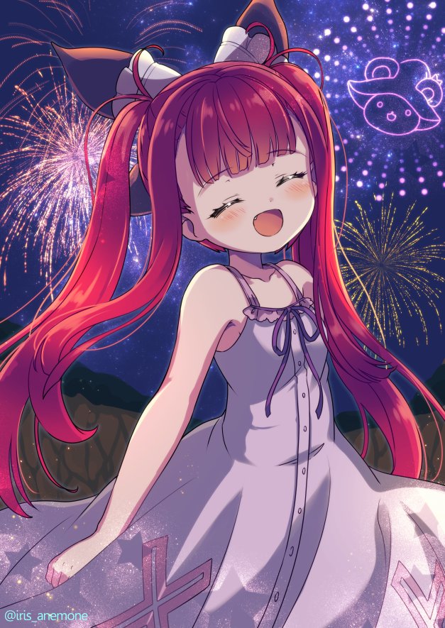 iris anemone, alucard lore, emil chronicle online, 1girl, ^ ^, alternate costume, black bow, bow, breasts, closed eyes, dress, fireworks, frilled bow, frills, hair bow, long hair, night, night sky, open mouth, purple dress, red hair, sky, sleeveless, sleeveless dress, small breasts, smile, solo, twintails, twitter username