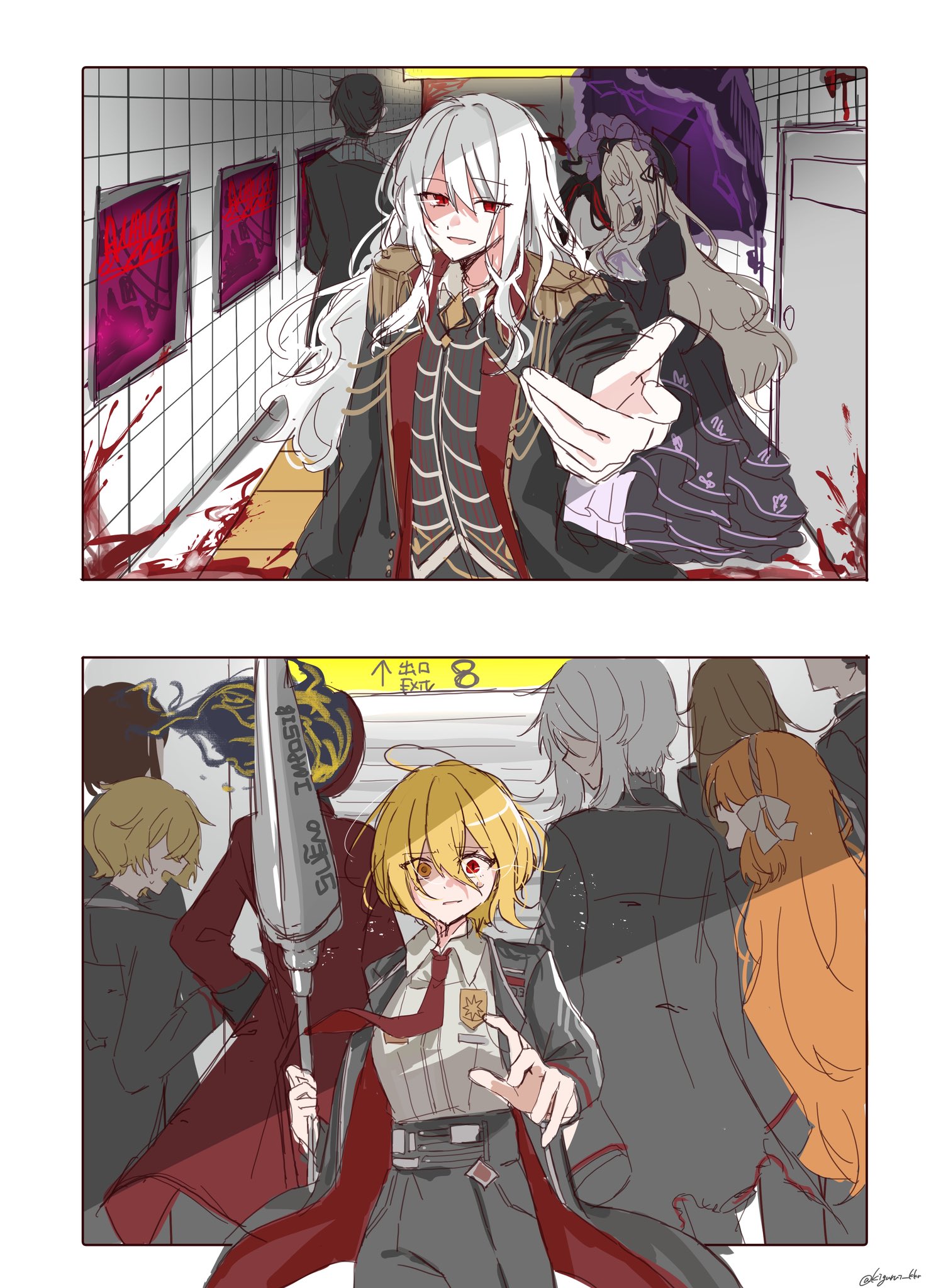 kigurui kkr, curiambro (project moon), dante (limbus company), don quixote (project moon), dulcinea (project moon), faust (project moon), ishmael (project moon), nicolina (project moon), outis (project moon), rodion (project moon), sinclair (project moon), limbus company, project moon, highres, 1other, 4boys, 6+girls, black coat, black hair, black pants, blonde hair, brown hair, coat, collared shirt, dress, holding, holding umbrella, la manchaland's don quixote (project moon), long hair, multiple boys, multiple girls, open clothes, open coat, orange hair, pants, purple dress, purple umbrella, red coat, red eyes, shirt, short hair, sketch, umbrella, white hair, white shirt