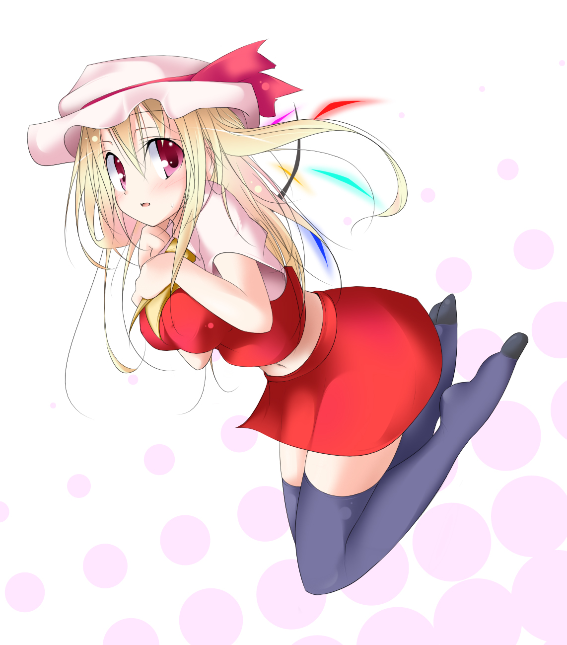 oouso, flandre scarlet, touhou, highres, 1girl, alternate breast size (larger), breasts, female focus, large breasts, plantar flexion, solo, thighhighs, wings