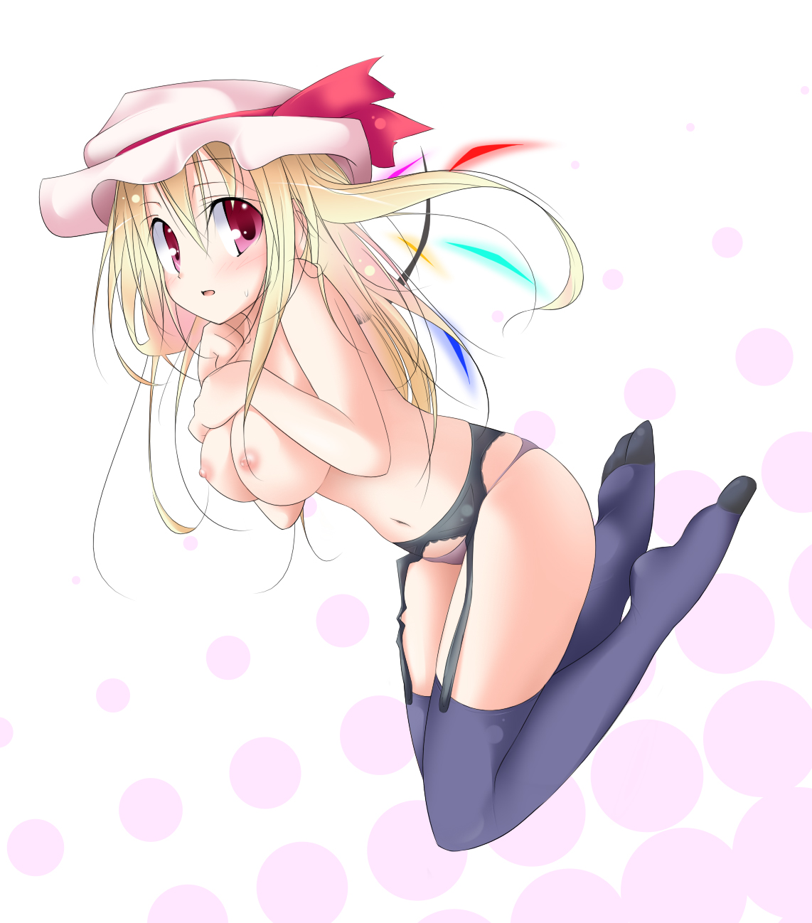 oouso, flandre scarlet, touhou, highres, 1girl, alternate breast size (larger), breasts, female focus, large breasts, plantar flexion, solo, thighhighs, wings