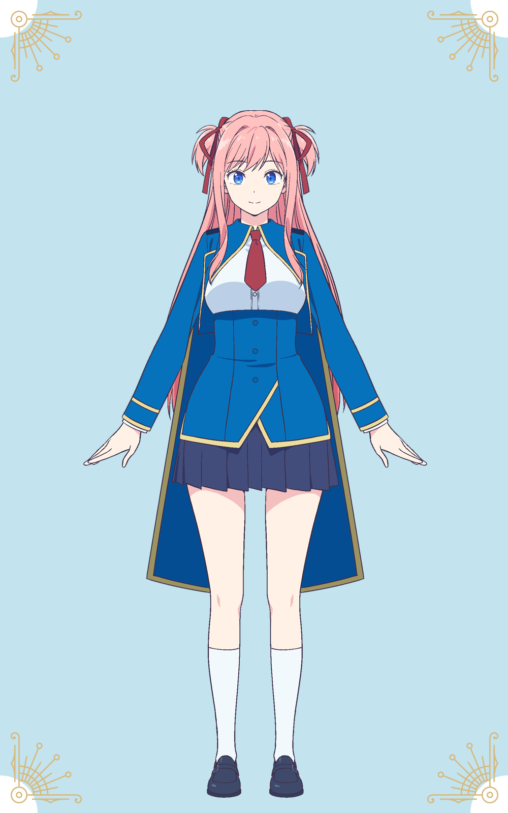 shiwasu takashi, lilia kudelfeyt, kinsou no vermeil, highres, official art, 1girl, anime coloring, black shoes, blue background, blue corset, blue eyes, blue jacket, blue sailor collar, blue skirt, bow, breasts, closed mouth, corset, full body, hair ribbon, jacket, large breasts, loafers, long hair, long sleeves, looking at viewer, necktie, open hands, outstretched arms, pleated skirt, red bow, red necktie, ribbon, sailor collar, school uniform, shirt, shoes, simple background, skirt, smile, socks, solo, standing, tachi-e, two side up, very long hair, white shirt, white socks