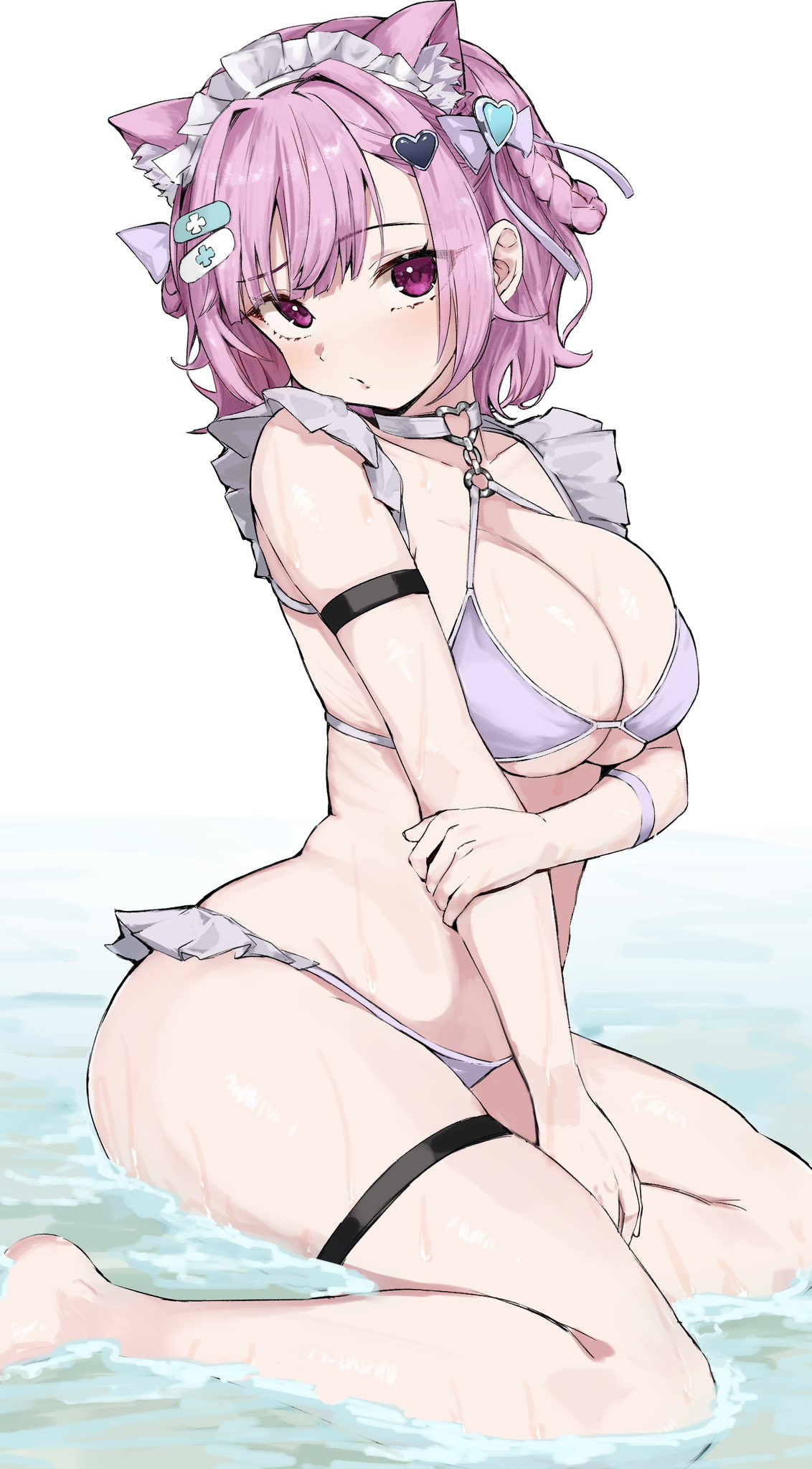 hitsujisnow, yuuki sakuna, indie virtual youtuber, highres, 1girl, animal ears, bandaid, bandaid hair ornament, bikini, braid, breasts, cat ears, choker, hair intakes, hair ornament, heart, heart hair ornament, heart o-ring, large breasts, looking at viewer, maid headdress, navel, o-ring, pink eyes, pink hair, short hair, solo, swimsuit, thigh strap, virtual youtuber, water, wet