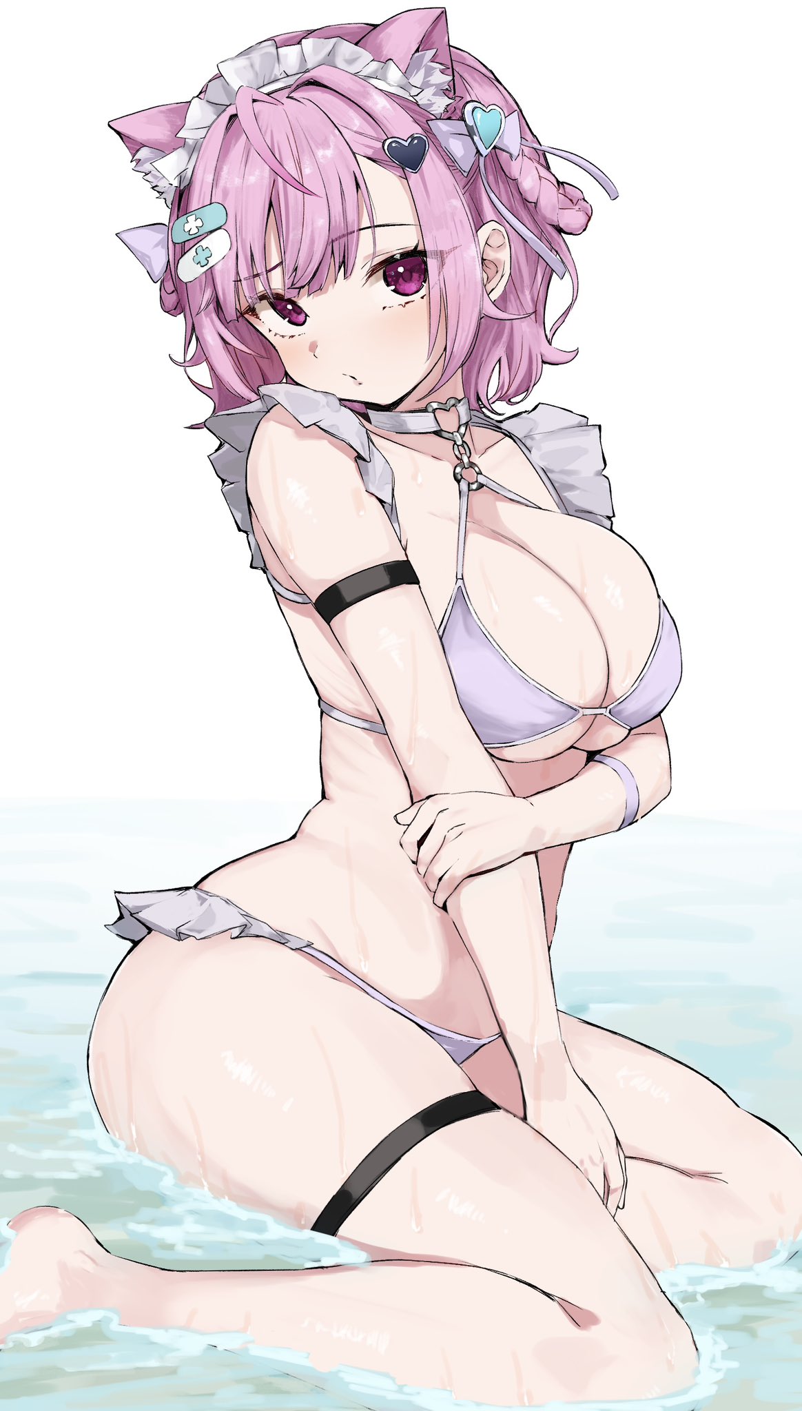 hitsujisnow, yuuki sakuna, indie virtual youtuber, highres, revision, 1girl, ahoge, animal ears, bandaid, bandaid hair ornament, bikini, braid, breasts, cat ears, choker, hair intakes, hair ornament, heart, heart hair ornament, heart o-ring, large breasts, looking at viewer, maid headdress, navel, o-ring, pink eyes, pink hair, short hair, solo, swimsuit, thigh strap, virtual youtuber, water, wet