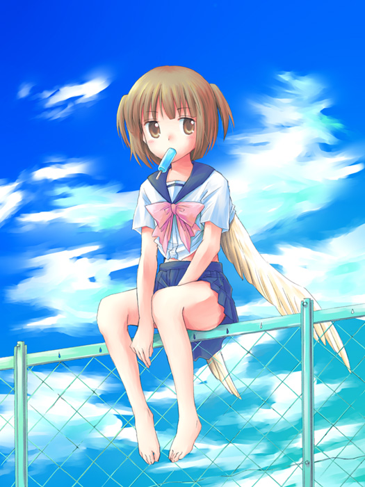 dobato, tsubame (dobato), original, 1girl, angel wings, barefoot, chain-link fence, cloud, day, feet, female focus, fence, food, popsicle, school uniform, serafuku, sky, solo, toes, wings