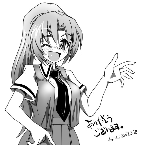 nekorin, sonozaki mion, higurashi no naku koro ni, 00s, 1girl, ;d, blush, breasts, collared shirt, cowboy shot, dated, female focus, greyscale, hair between eyes, hand on own thigh, hand up, high ponytail, long hair, looking at viewer, monochrome, necktie, nose blush, one eye closed, open clothes, open mouth, open vest, parted bangs, pleated skirt, ponytail, school uniform, shirt, short sleeves, signature, simple background, skirt, smile, solo, very long hair, vest, waving, white background