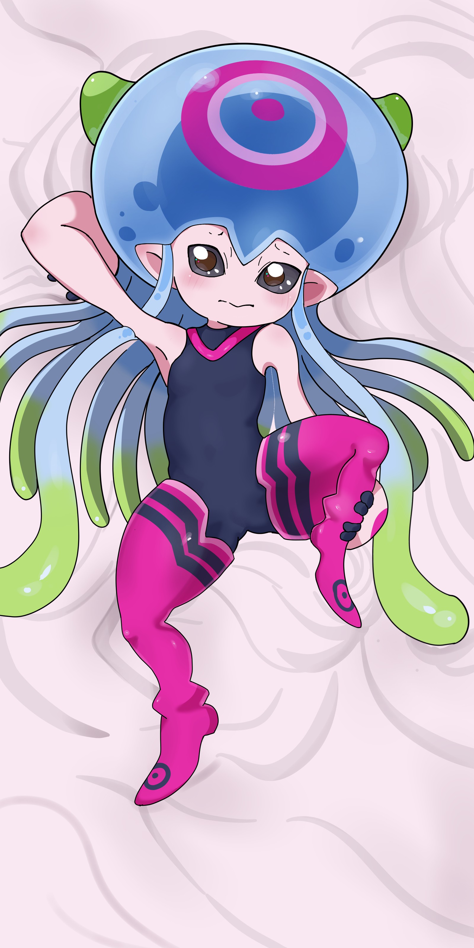 dan de lion, jellymon, digimon, bed, digimon (creature), jellyfish girl, lying, monster girl, tentacle hair, tentacles