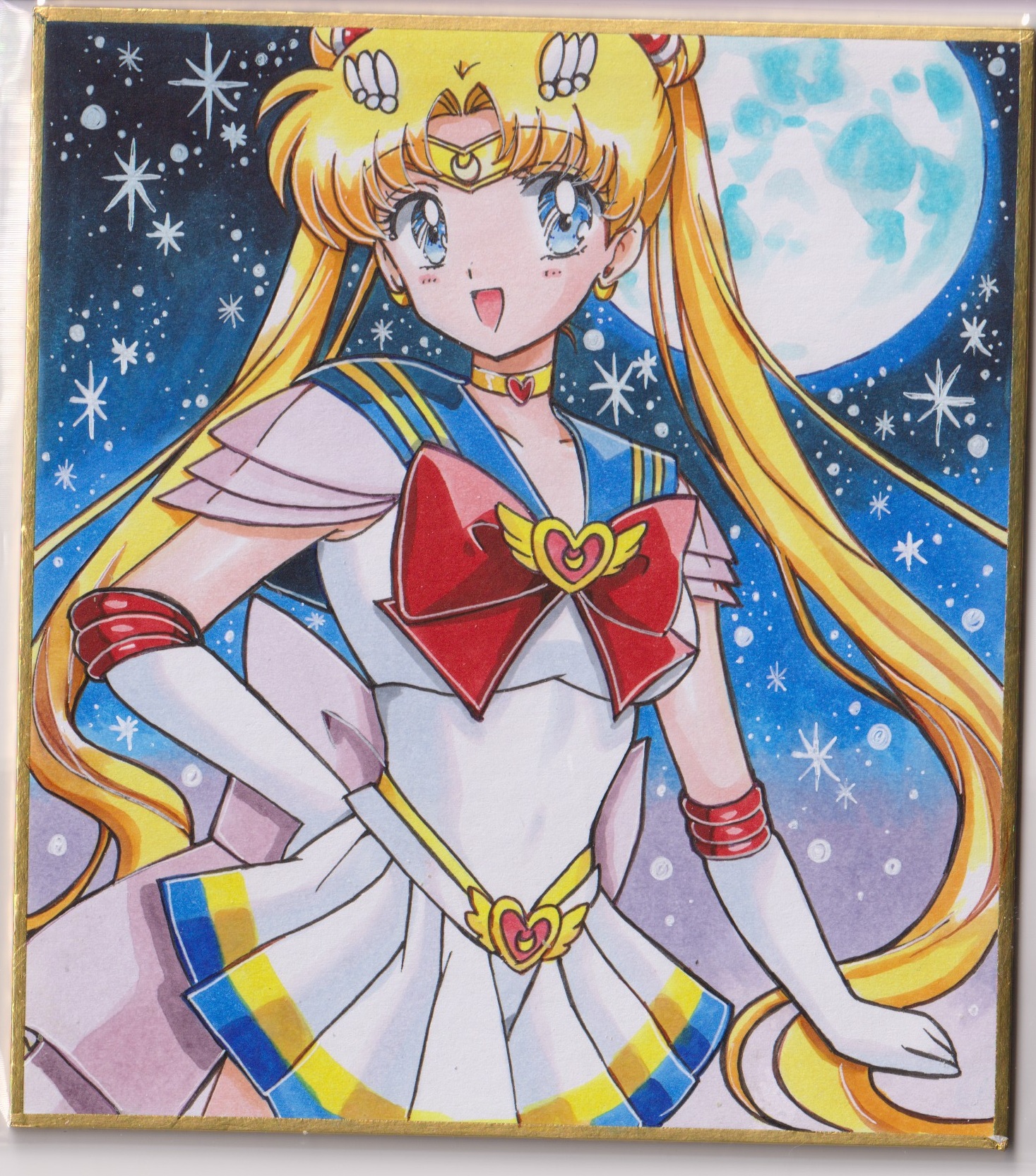 chikoto (kztc4472), sailor moon, super sailor moon, tsukino usagi, bishoujo senshi sailor moon, commentary, highres, traditional media, 1girl, :d, back bow, blonde hair, blue eyes, blue sailor collar, blush, bow, bowtie, brooch, choker, cowboy shot, double bun, elbow gloves, gloves, hair bun, hand on own hip, heart, heart brooch, jewelry, long hair, looking at viewer, miniskirt, moon, open mouth, parted bangs, pink bow, pleated skirt, red bow, red bowtie, sailor collar, sailor senshi uniform, shirt, short sleeves, skirt, smile, solo, twintails, white gloves, white shirt, white skirt, yellow choker