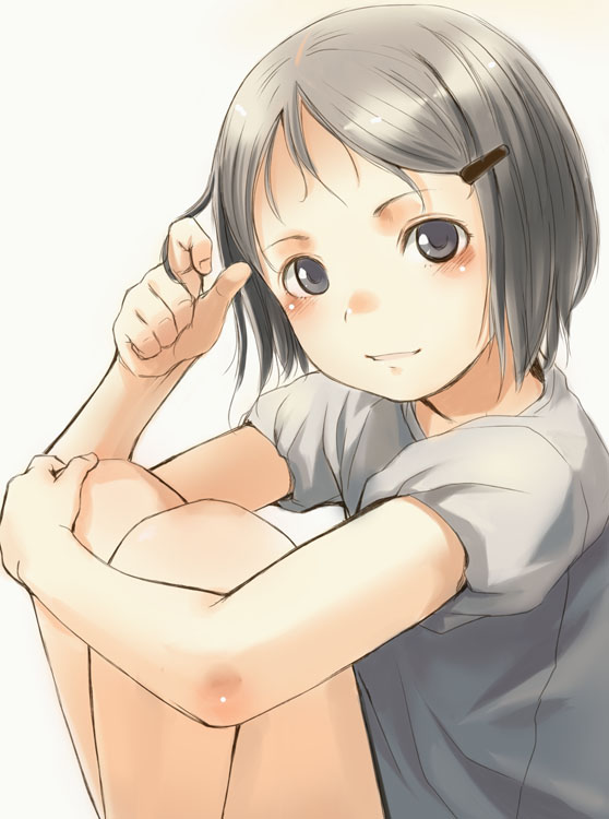 sody, original, 1girl, blush, female focus, grey eyes, grey hair, grey shirt, hair ornament, hairclip, legs folded, looking at viewer, puffy short sleeves, puffy sleeves, shirt, short hair, short sleeves, sitting, smile, solo, swept bangs, twirling hair, white background